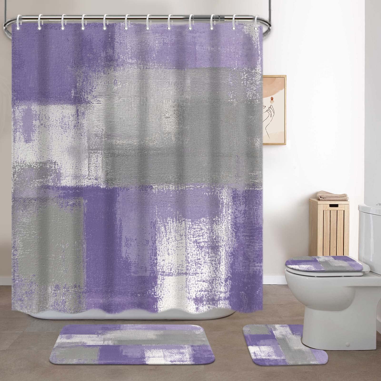 Lnond 4Pcs Purple and Grey Painting Art Bathroom Shower Curtain Set with Matching Rugs & Accessories - Waterproof Bath Decor for Modern Home, Spa, Hotel (Purple/Grey)