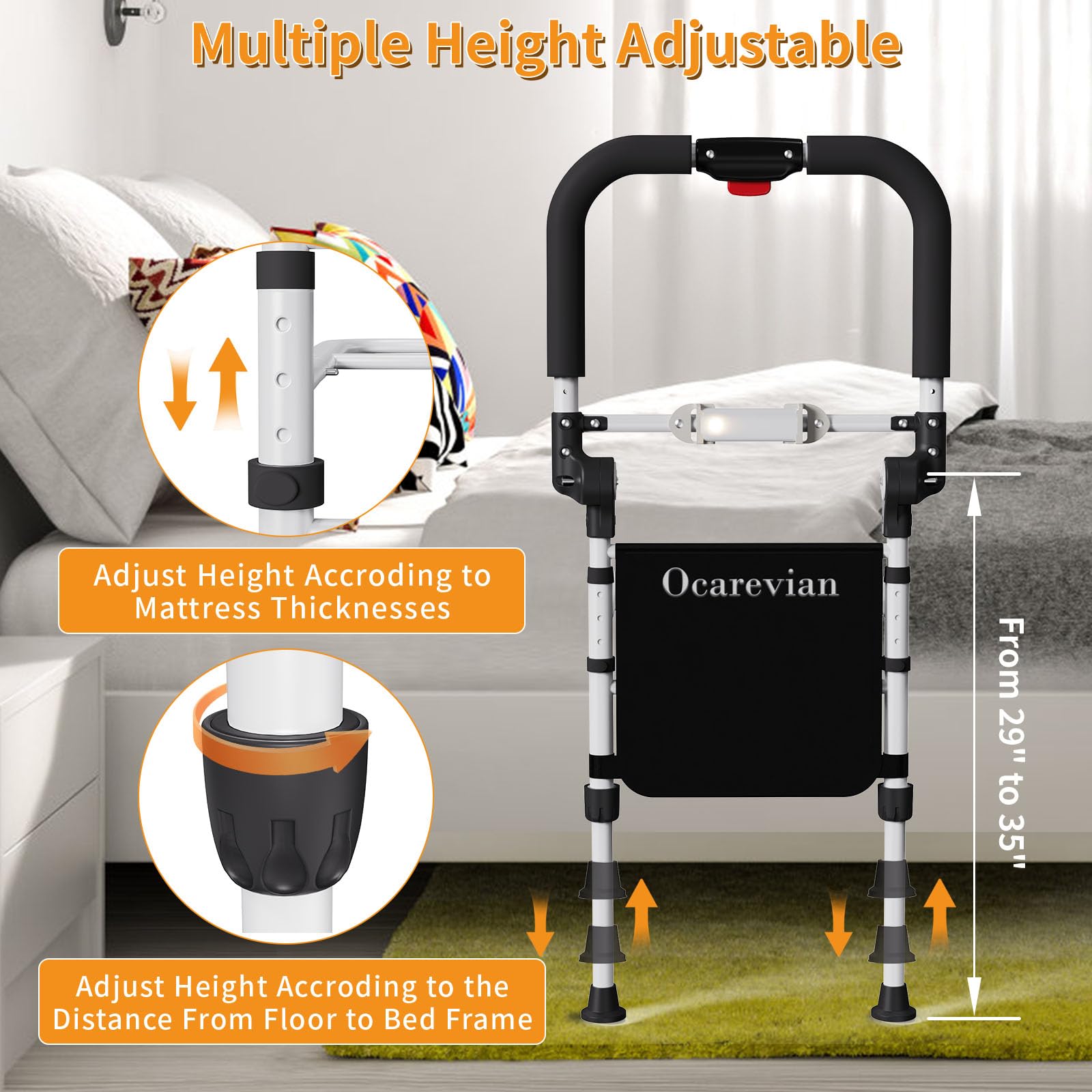 **Foldable Adjustable Bed Rails for Elderly Adults - Safety Bed Handrails with Light & Storage Bag - Fits Queen, Twin & King Beds - Ideal for Seniors, Home Care & Fall Prevention**