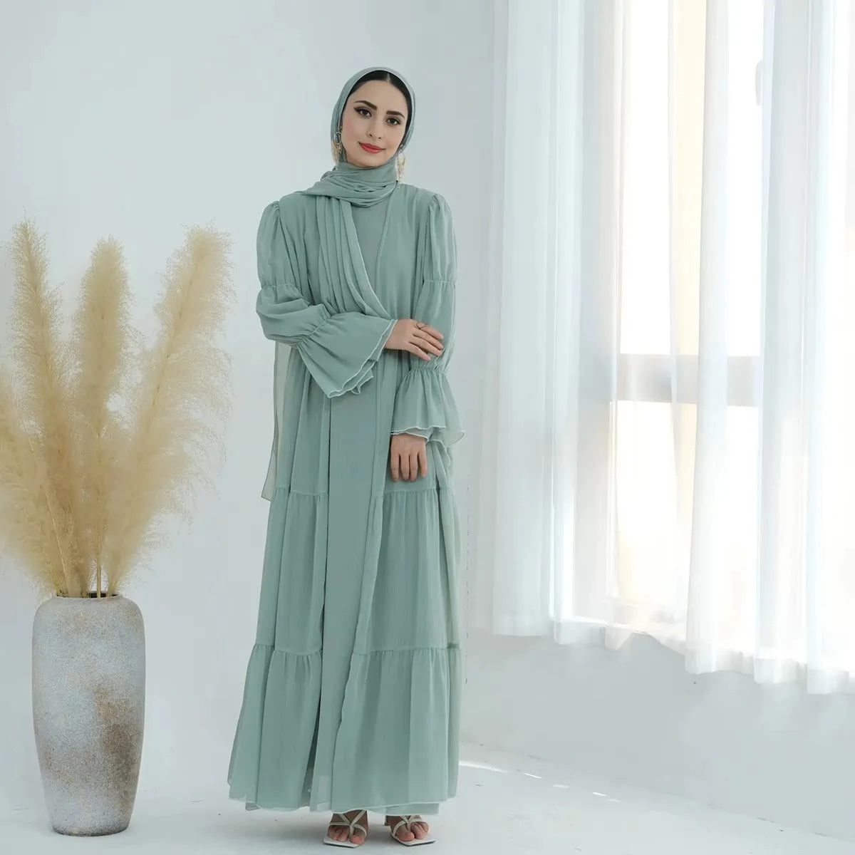 2 Piece Set Chiffon Open Abaya Dress with Inner Dress - Elegant Muslim Women's Prayer Dress for Ramadan, Eid & Special Occasions #25866
