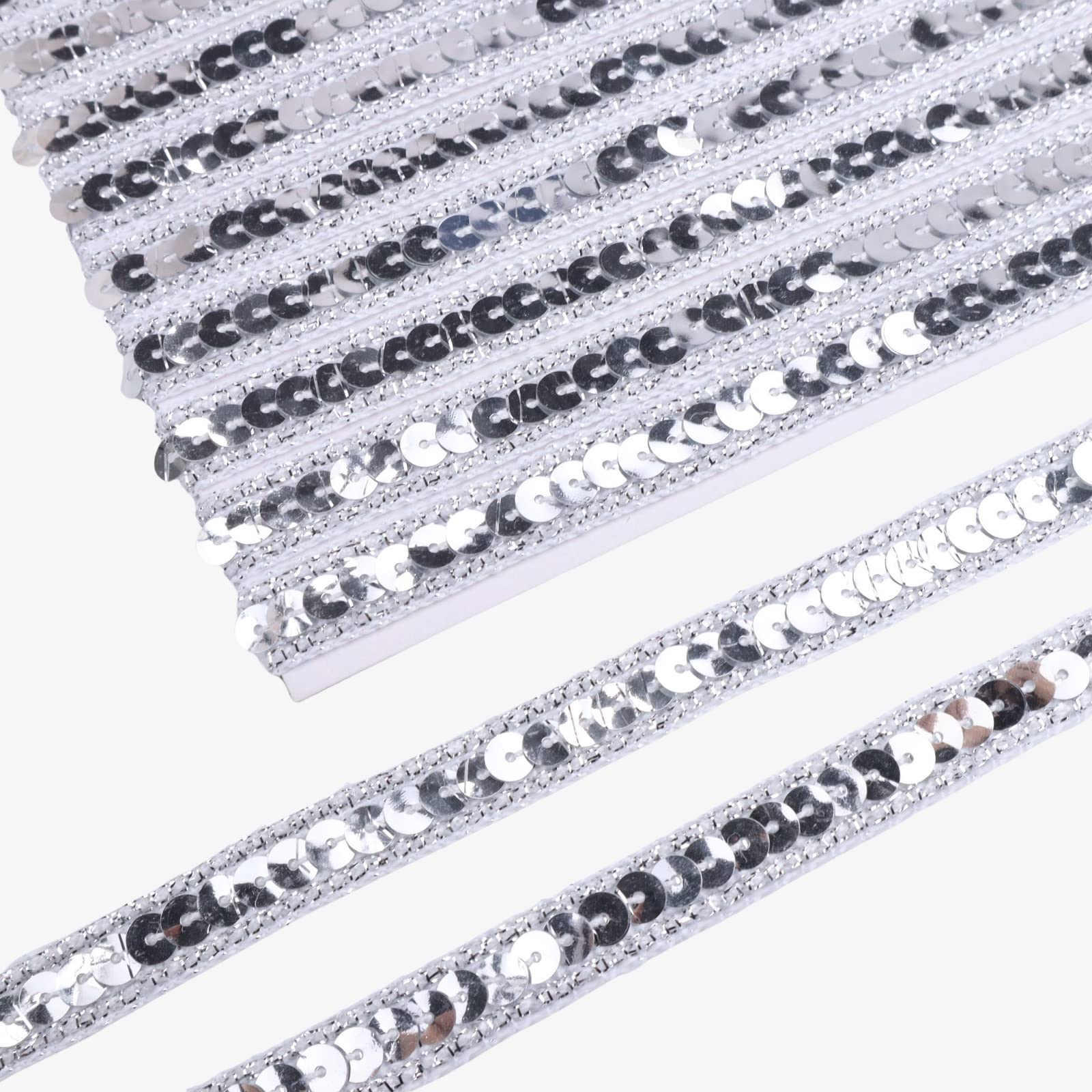 Silver Sequin Ribbon Trim - 10 Yards Flat Glitter Braid for Sewing, Costume Design, DIY Crafts & Home Decor | Perfect for Dresses, Bags, Scarf Edging & Party Decorations