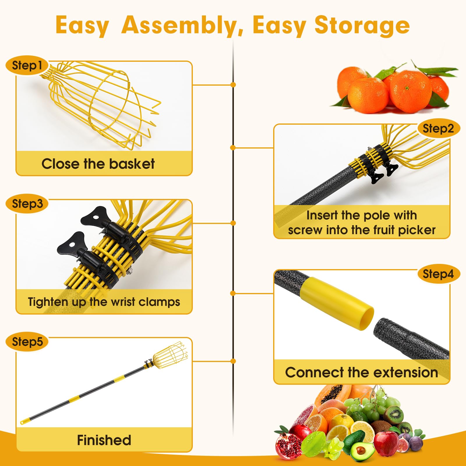 10FT Adjustable Fruit Picker Tool with Pole & Large Basket - Heavy Duty Fruit Harvesting Equipment for Apples, Oranges, Mangoes, Avocados & More - Perfect for Home Orchards, Backyard Harvesting & Commercial Fruit Picking
