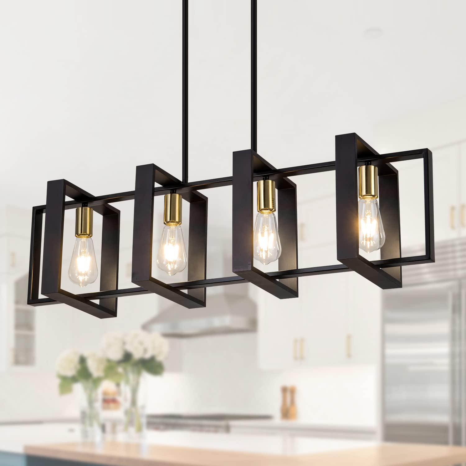 Farmhouse Kitchen Island Lighting - Black Wooden Chandelier with 4 Industrial Rectangle Lights for Dining Room Ceiling | Perfect for Rustic Home Decor, Restaurant Ambiance & Cozy Dining Spaces