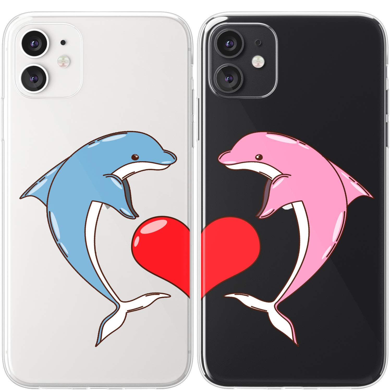 Cute Dolphin Couple BFF Phone Case Compatible with iPhone 15 Pro Max/14 Plus/13/12 Mini/11/SE/XS/XR/8/7 - Protective Kawaii Cartoon Cover for Best Friends Anniversary Gift - Perfect for Daily Use, Travel & Matching with Your Bestie
