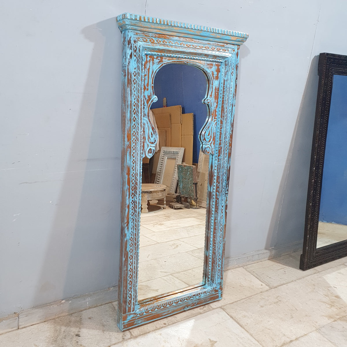 Handmade Indian Wooden Mirror Frame - Rustic Blue Carved Design, 70x150 cm - Perfect for Boho Home Decor, Living Room & Bedroom Wall Art