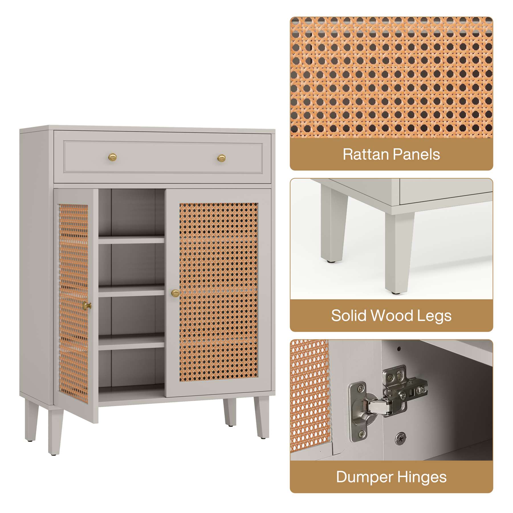 Solid Wood Shoe Cabinet with Rattan Doors & Drawer - Modern Entryway Shoe Storage Organizer for Hallway, Closet, or Mudroom Organization