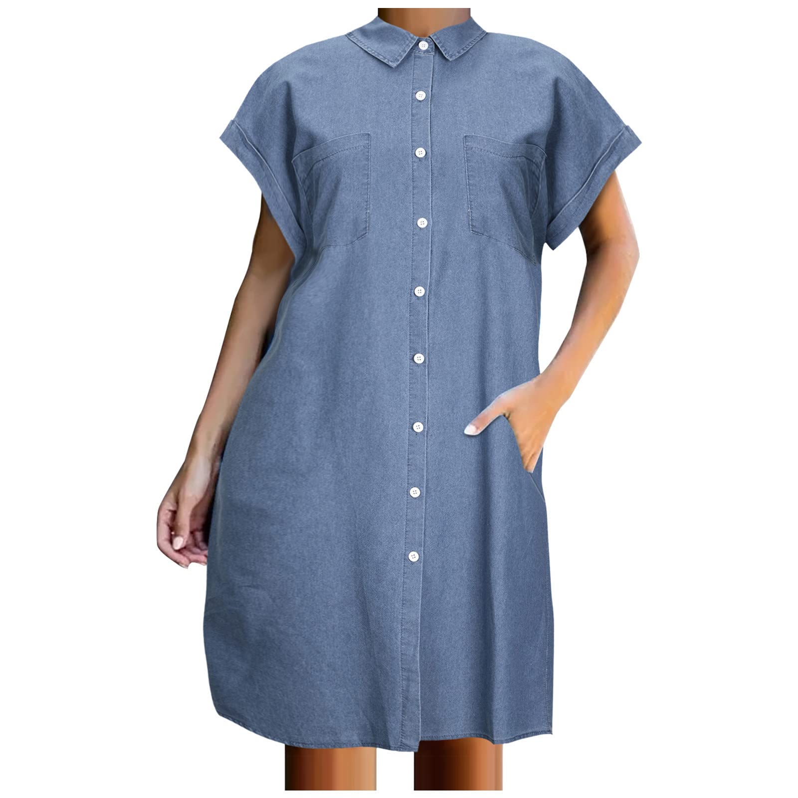 JSARLE Women's Plus Size Denim Mini Dress - Summer Short Sleeve Shift Dress with Single Breasted Design | Perfect for Casual Outings, Beach Vacations & Summer Parties
