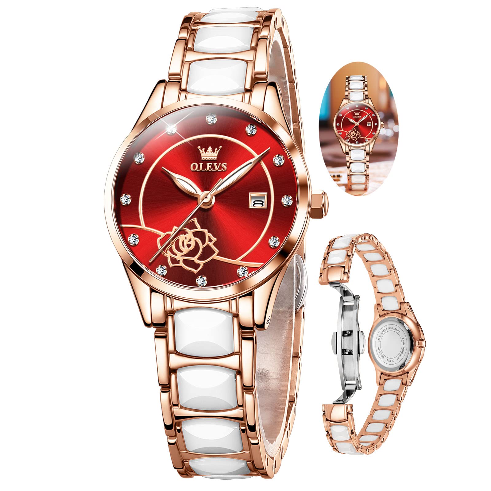 OLEVS Women's Luxury Diamond Watch with Two-Tone Stainless Steel & Ceramic Bracelet, Rose Gold Fashion Watch for Ladies with Date Display - Blue/Red/Pink/White Dial - Perfect for Office, Party & Everyday Wear
