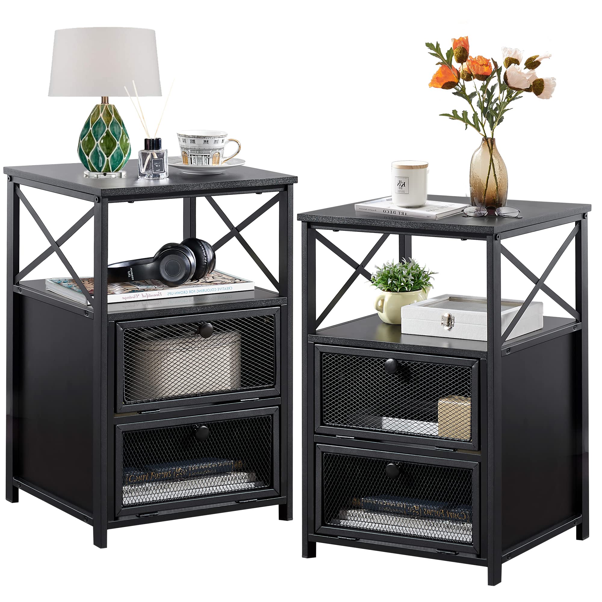 VECELO Modern Night Stand with Storage & Flip Drawers - 2-Piece Set, Black End Side Table for Bedroom, Living Room & Lounge - Perfect for Small Spaces & Apartment Living