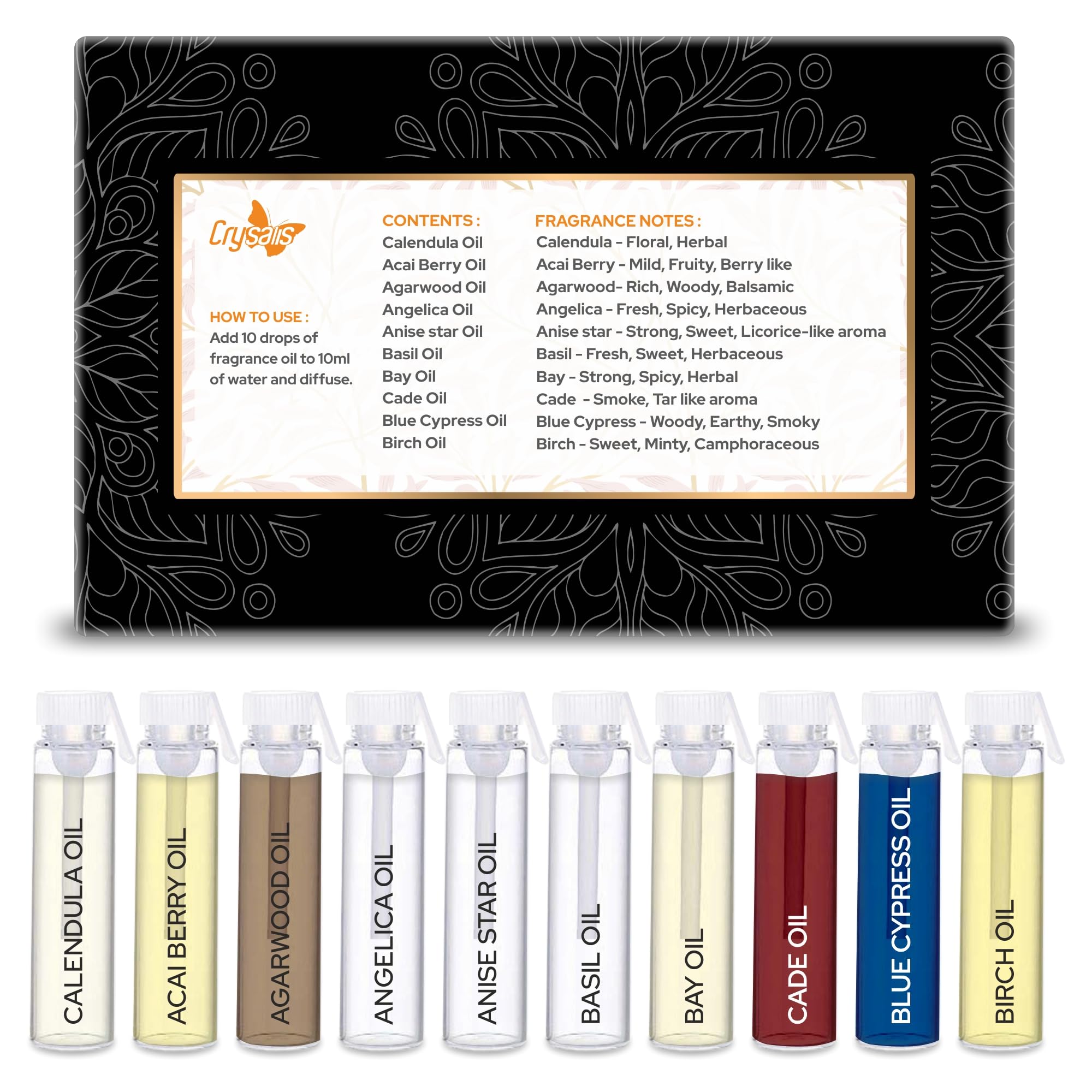 Premium Crysalis Skin Care Essential Oils Set - 10x3ml Bottles (Calendula, Acai Berry, Agarwood, Angelica & More) for Aromatherapy, Massage & DIY Beauty Products