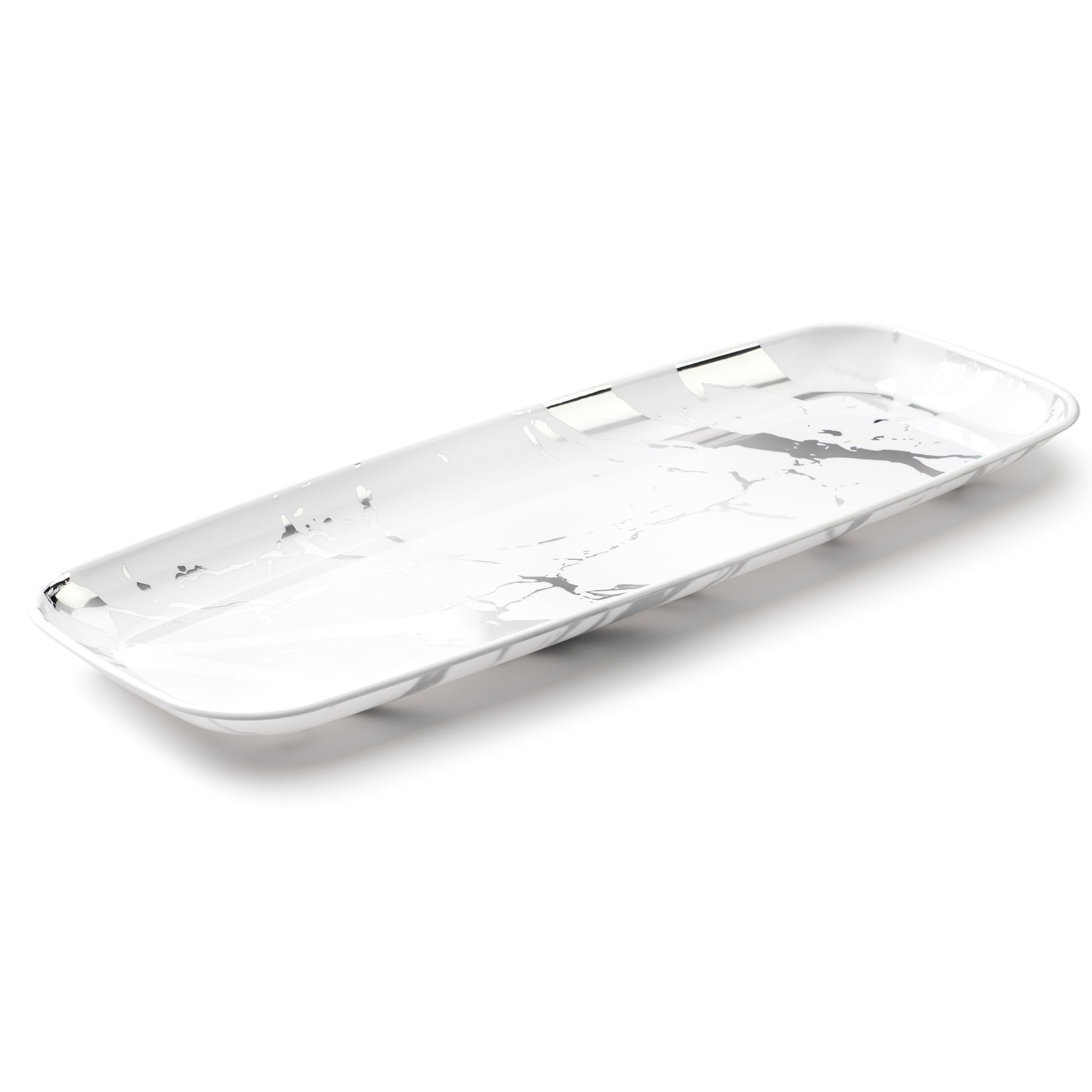 Elegant Marble White & Silver Oval Serving Platter Set - 2 Pack for Dinner Parties, Buffets & Holiday Entertaining