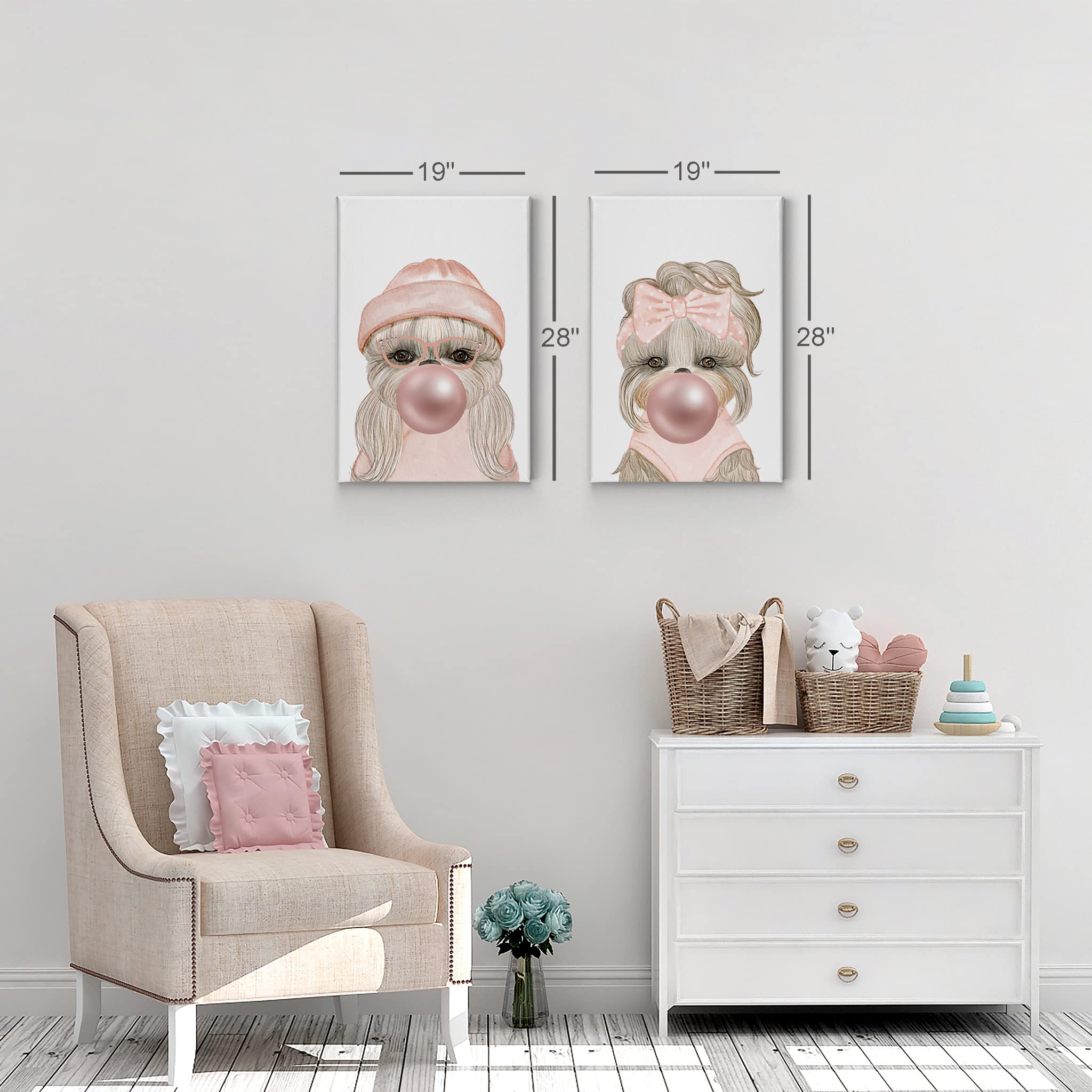 Dog Portrait Canvas Wall Art - Pink Hat & Ribbon Chewing Bubble Gum, 2-Piece Pop Art Set (40x30 inches) for Living Room, Bedroom, Nursery & Kids Room Decor - Funny Animal Artwork for Pet Lovers