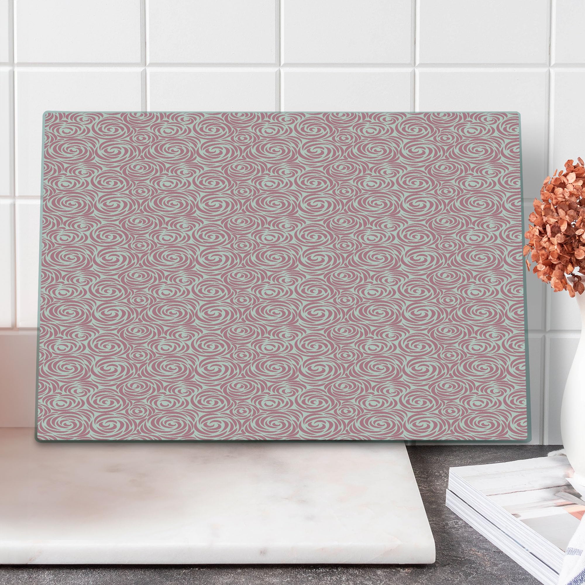 Ambesonne Rose Tempered Glass Cutting Board - Large Floral Design with Abstract Swirl Patterns in Pale Pink & Off White - Perfect for Kitchen Prep, Charcuterie Serving & Home Decor