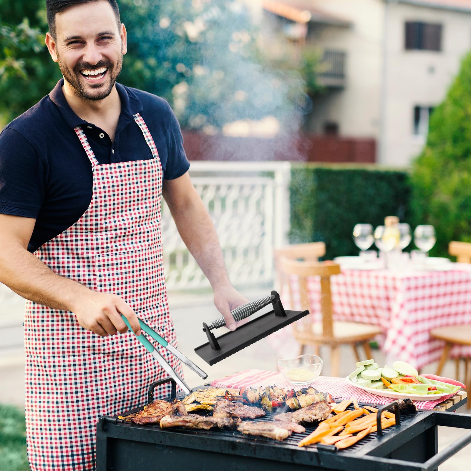 Premium Heavy Duty Cast Iron Steak Weight & Bacon Press with Stainless Steel Spring Handle - 304 Stainless Steel Grill Press for Steak, Pancakes, Burgers - Perfect for BBQ, Griddle Cooking & Outdoor Grilling