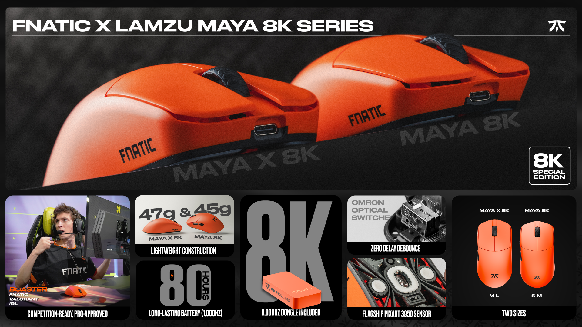 Fnatic x Lamzu Maya 8K Wireless Gaming Mouse - Ultra-Light 49g, 8K Polling Rate, Optical Switches - Perfect for Esports, FPS & MOBA Gaming