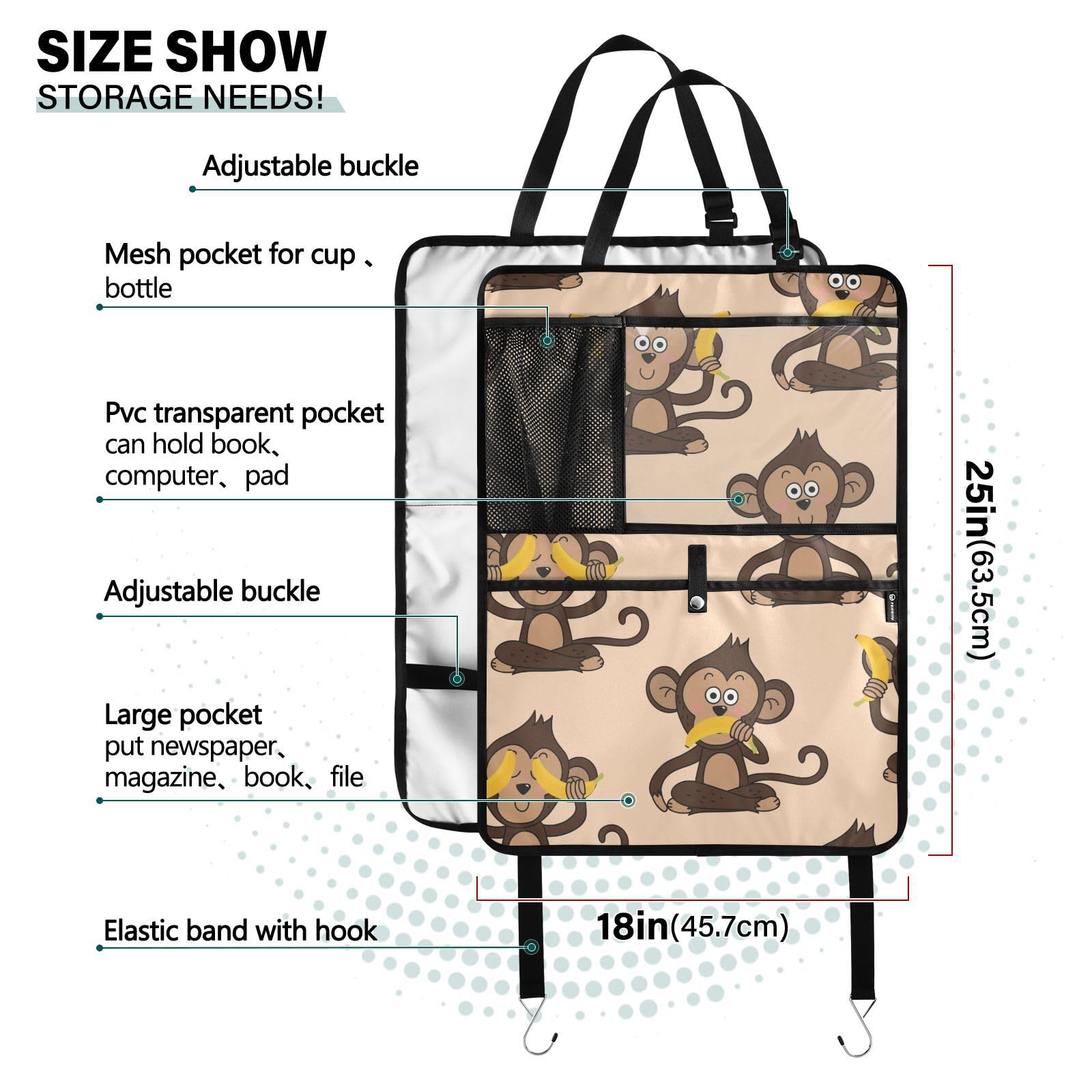 ODAWA Monkey Banana Pattern Cute 2-Pack Car Back Seat Cover & Organizer - Universal Vehicle Seat Protector with Storage Pockets for Kids, Pets, and Travel Accessories - Perfect for Family Road Trips and Daily Commutes