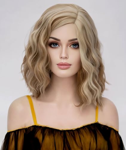 Short Brown Blonde Curly Bob Wavy Wig