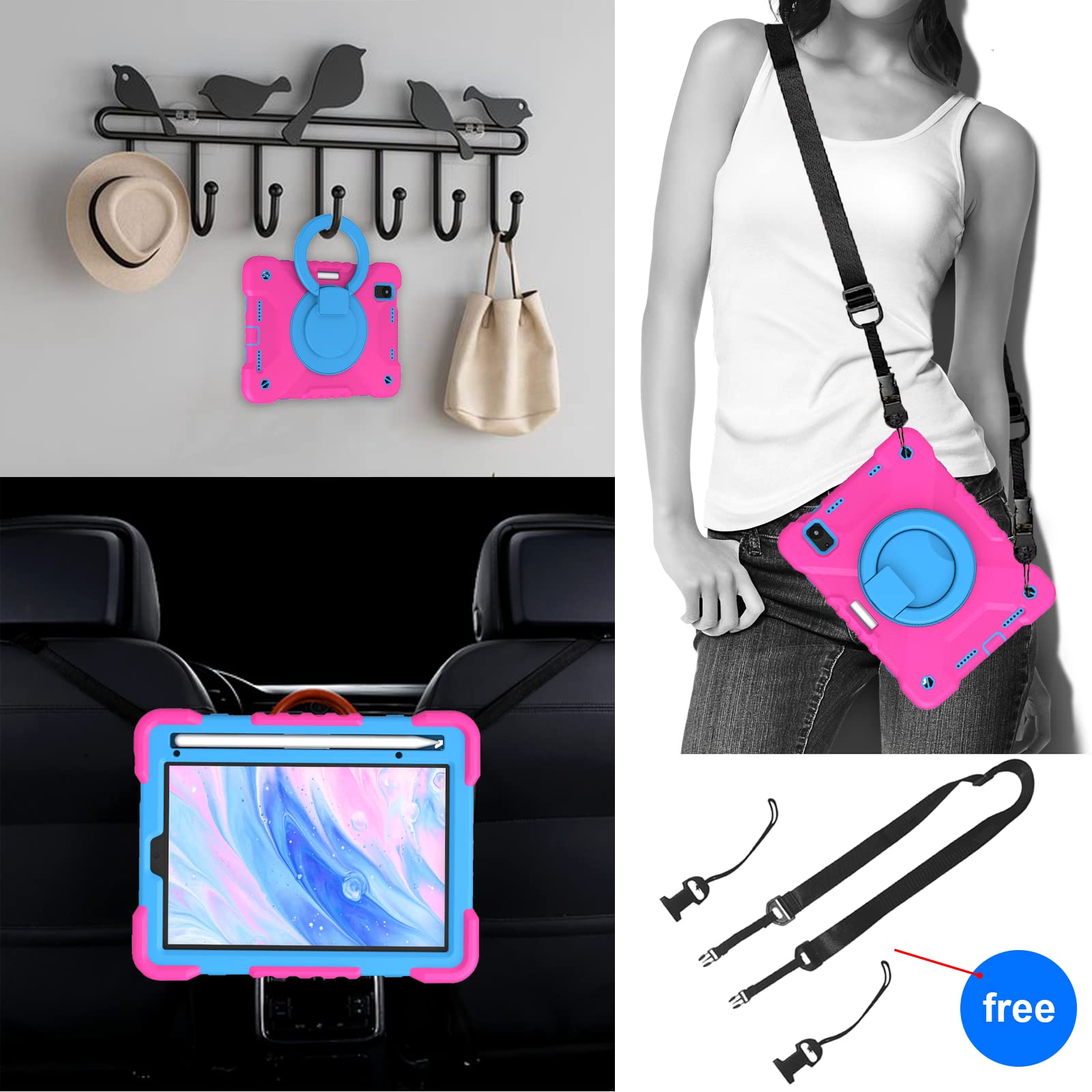2024 iPad Mini 7 & 2021 iPad Mini 6 Case 8.3 Inch with Pencil Holder - 360° Rotating Stand Handle, Shockproof Protective Cover for iPad Mini 7th/6th Generation (Pink & Blue) - Perfect for Work, Travel & Home Use