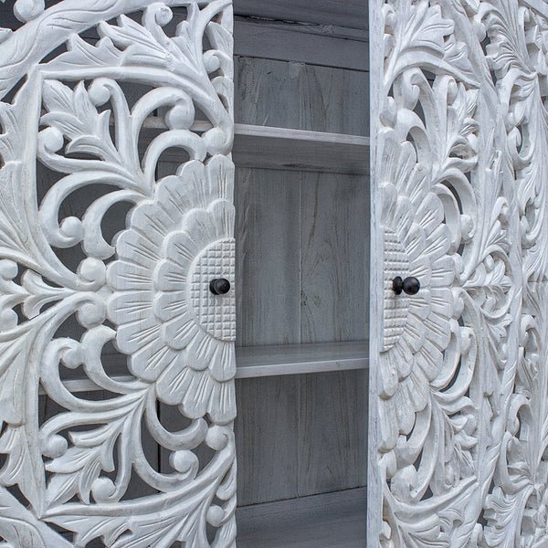 Hand Carved Whitewashed Wooden Entryway Cabinet - Rustic Farmhouse Style Hallway Storage for Shoes, Coats & Decor | Perfect for Entryways, Living Rooms & Bedrooms
