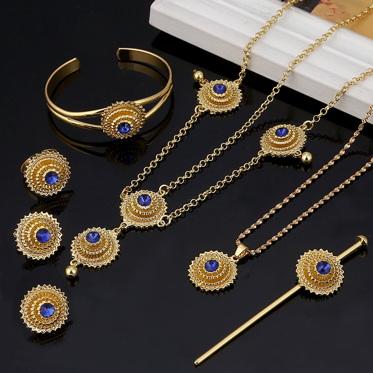 Ethiopian Jewelry Set - Red, Blue & Green Stone Gold Plated African Habesha Wedding Jewelry for Brides, Cultural Events & Special Occasions