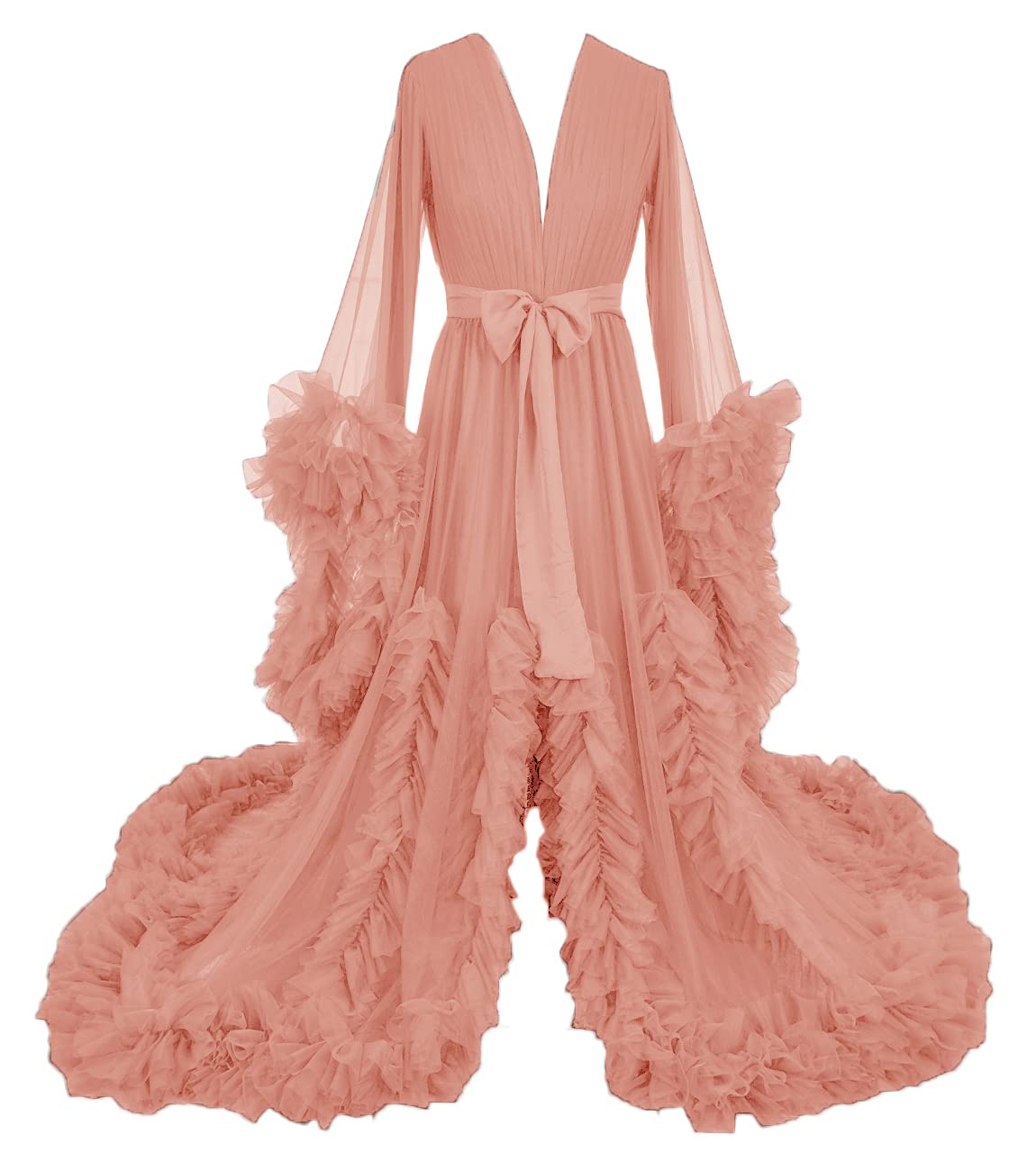 Elegant Long Wedding Scarf Illusion Nightgown with Feather Trim - Sheer Puffy Dress for Bridal Party, Boudoir Photography & Romantic Getaways
