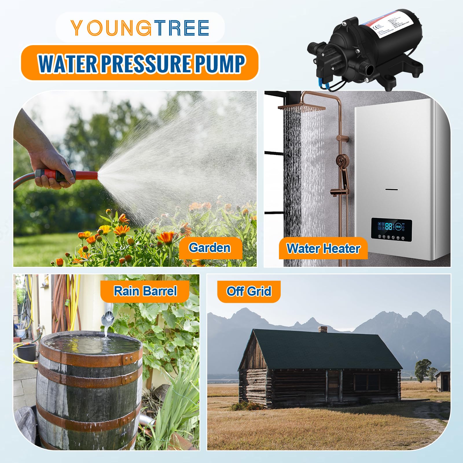 YOUNGTREE 110V Industrial Water Pressure Diaphragm Pump 4.0GPM 50PSI - Electric Water Transfer Pump for RV, Irrigation, Home, Pool Draining & Sprinkler System - Includes Garden Hose Adapters - Perfect for Watering Gardens, Filling Tanks & Emergency Flood Control