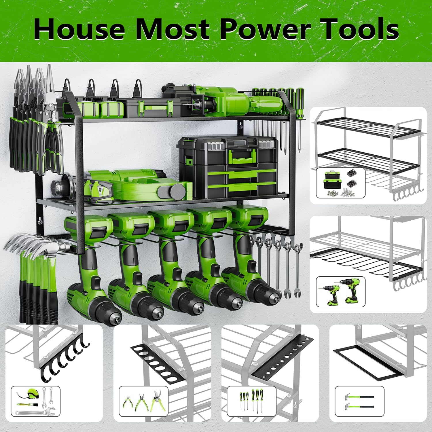 Heavy Duty 5-Slot 3-Layer Wall Mount Drill Organizer - Modular Garage Tool Storage Rack with Easy Installation | Perfect for Workshop, Garage & DIY Tool Organization