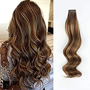 ABH AMAZINGBEAUTY Human Hair Tape-in Extensions - 22 Inch Chocolate Brown to Caramel Blonde Ombre (R4-4/27) 50g | Seamless Blending for Volume & Length | Perfect for Parties, Weddings & Everyday Styling