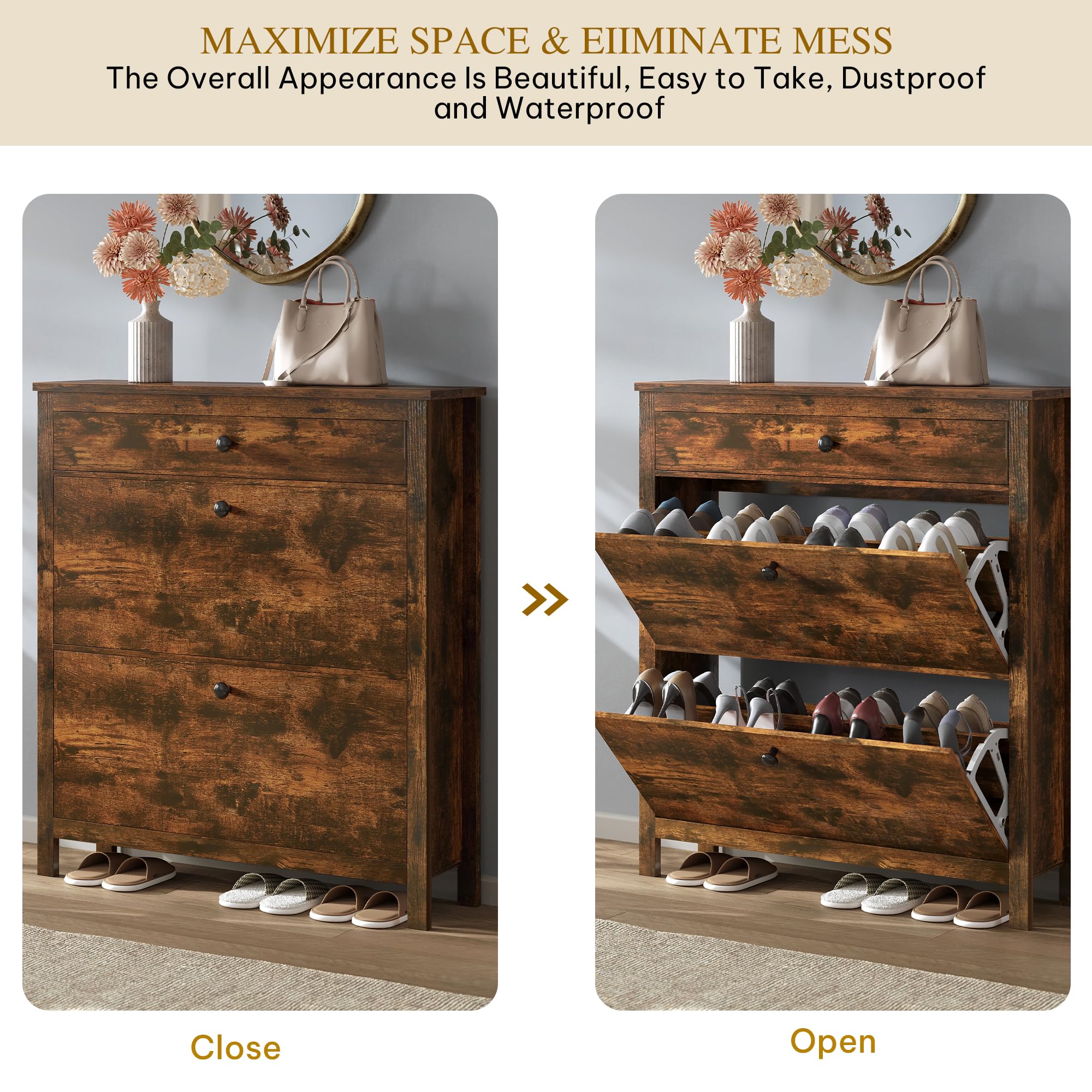 DWVO 2-Tier Flip Drawer Shoe Cabinet - Slim Space-Saving Shoe Storage Organizer with Metal Frame, Adjustable & Removable Hidden Shoe Rack - Free Standing Entryway Hallway Furniture (Brown) - Perfect for Small Apartments & Closet Organization