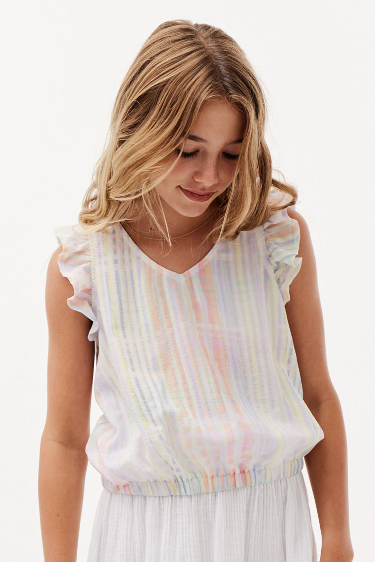 Bella Dahl Girls Flutter Sleeve Plaid Shirt - Soft Cotton Casual Top for School, Playdates & Everyday Wear