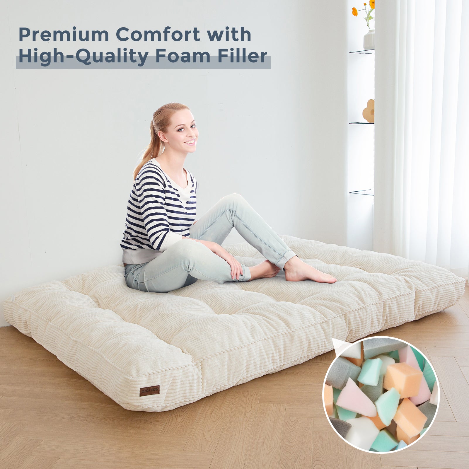 MAXYOYO 6-Inch Tufted Futon Sofa Bed - Thick Corduroy Fabric Floor Mattress for Adults (Mattress Only) in Beige | Perfect for Small Spaces, Guest Rooms & Dorm Rooms