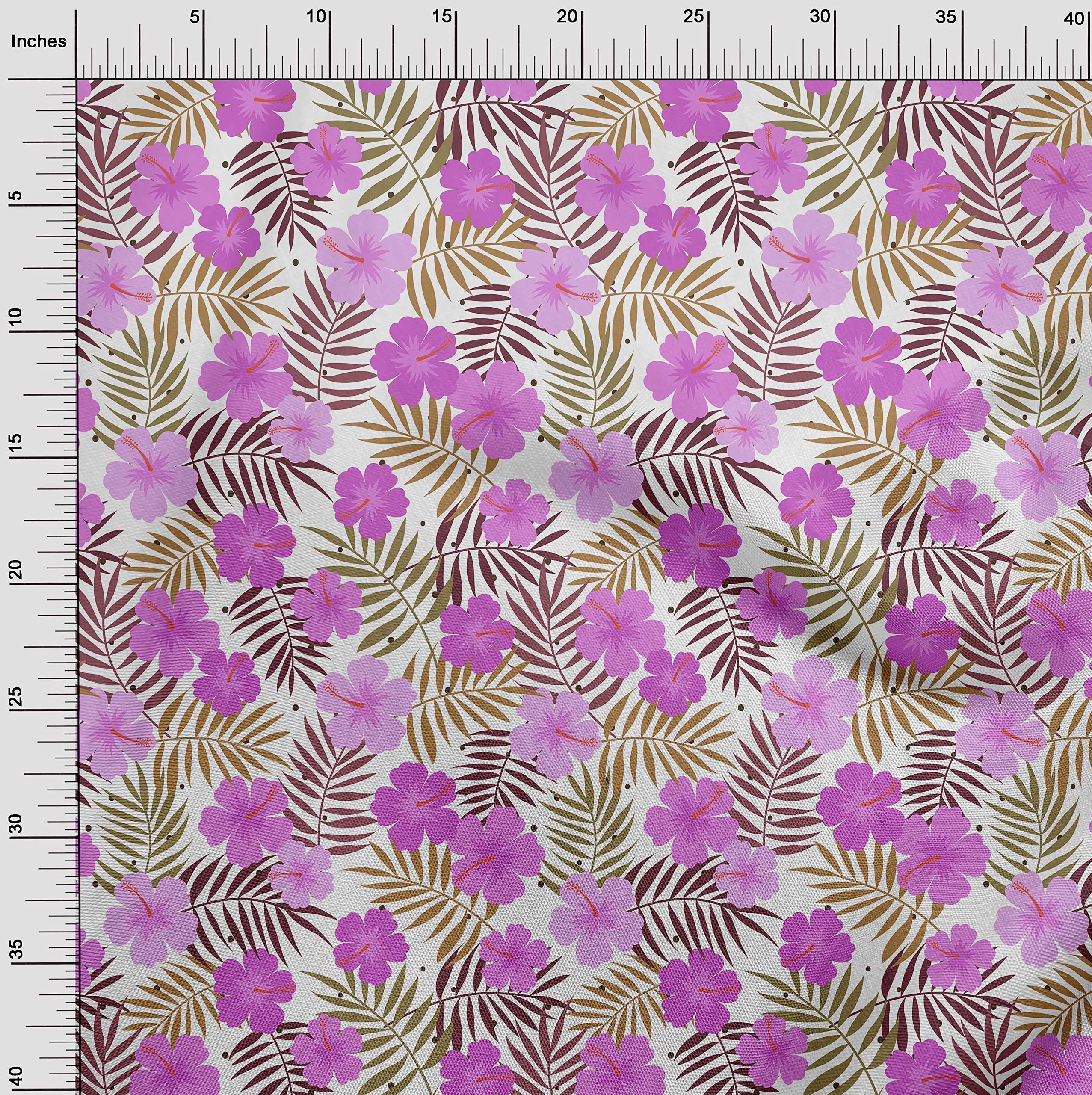 oneOone 56 Inch Wide Polyester Spandex Tropical Leaf Print Fabric by The Yard - Fuschia Pink Dress Material for Summer Dresses, Swimwear & DIY Fashion Projects