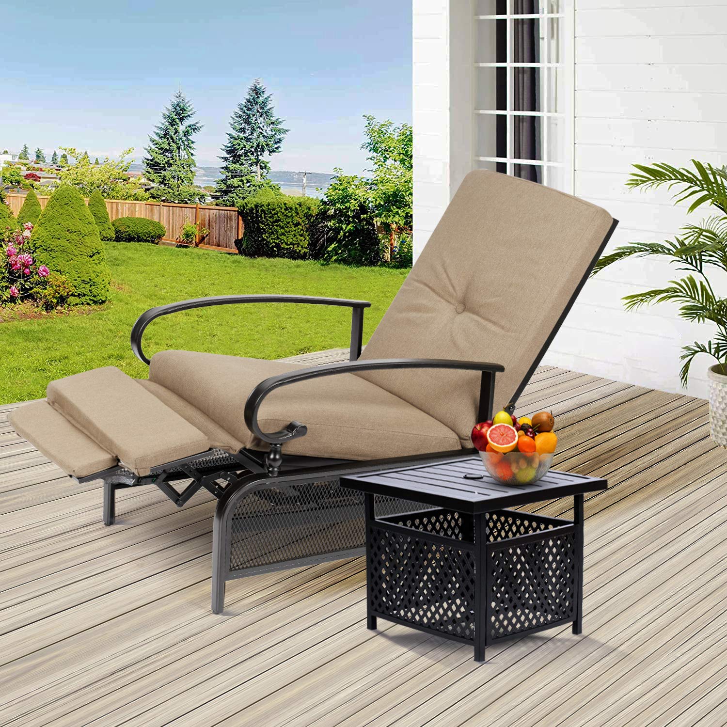 Crownland 2-Piece Outdoor Lounge Chair Set with Adjustable Reclining Patio Chairs & Umbrella Bistro Table - Water Resistant Cushions, Durable Metal Furniture (Brown) - Perfect for Backyard, Poolside & Patio Relaxation
