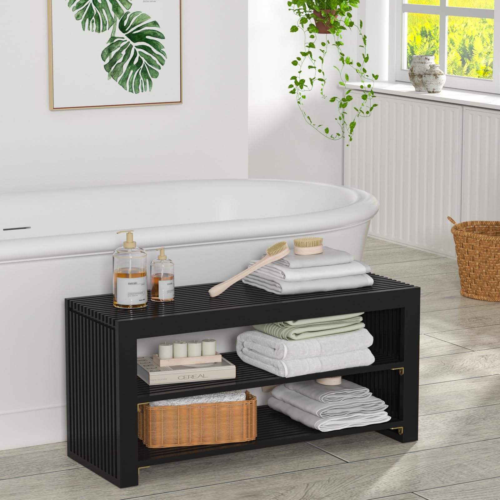 3-Tier Bamboo Shoe Rack Bench with Storage - Space Saving Entryway Organizer for Shoes, Boots & Accessories | Perfect for Front Door, Bathroom & Bedroom | Durable Black Long Shoe Bench for Home & Apartment Organization