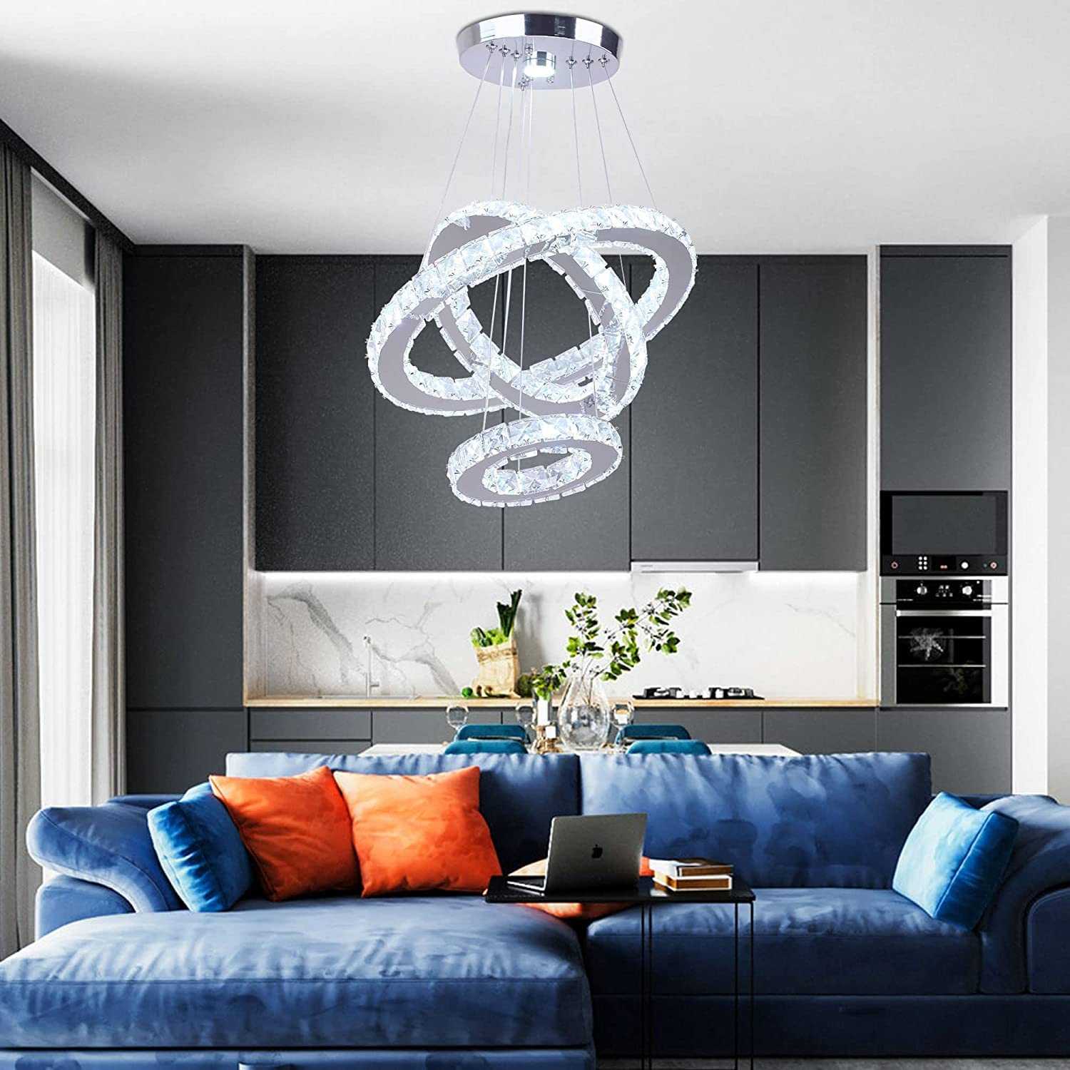 Modern LED Crystal Chandelier - 3 Ring Round Pendant Light Fixture with Stainless Steel Design & Adjustable Brightness | Elegant Ceiling Lighting for Living Room, Dining Room, Bedroom, Kitchen | Perfect for Home Decor, Dinner Parties & Romantic Ambiance