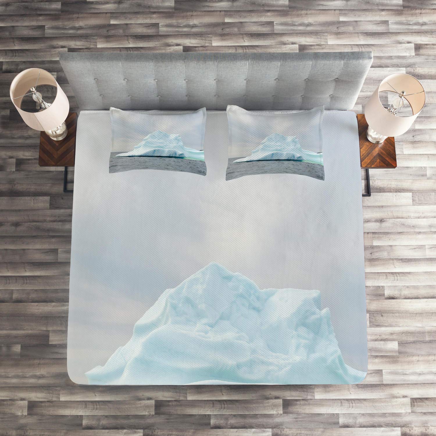 Ambesonne King Size 3-Piece Quilted Bedspread Set with 2 Pillow Shams - Pale Blue Purple Iceberg Design, Rocky Water Formation - Cozy Bedroom Decor for Winter & Luxury Hotel Style
