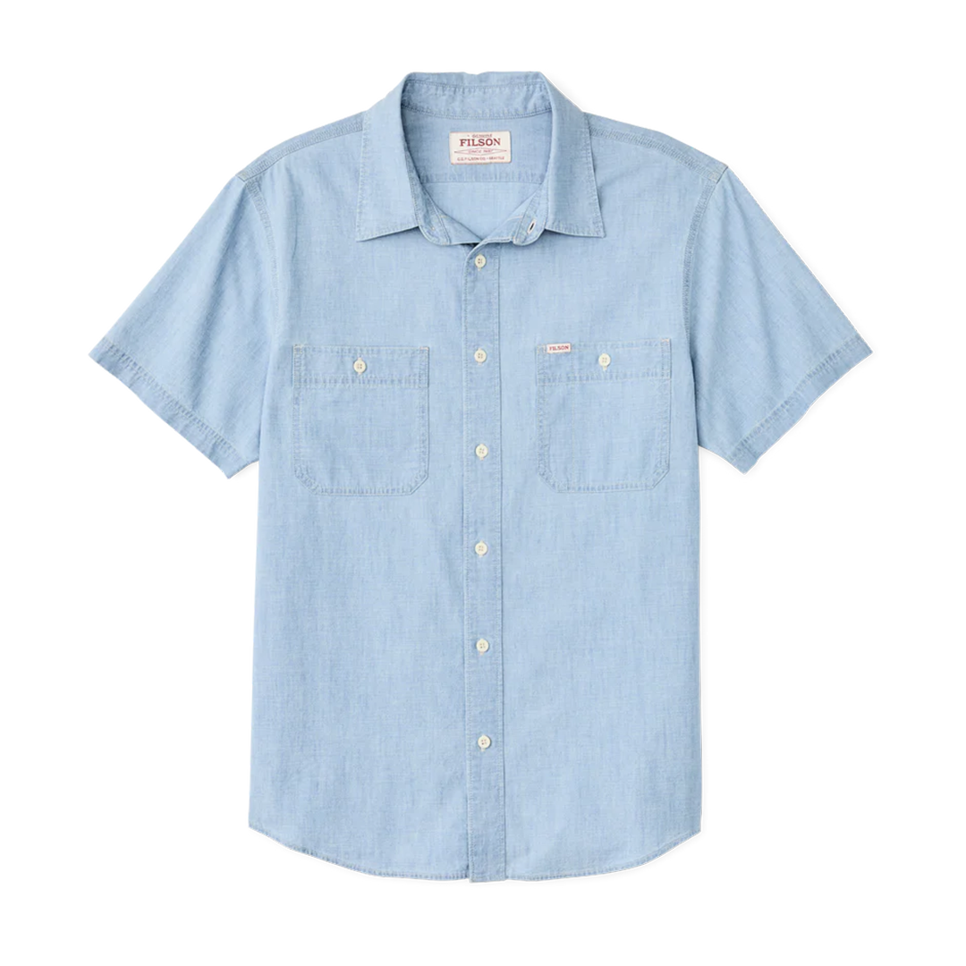 Filson Men's Light Indigo Short Sleeve Chambray Shirt - Casual Summer Wear for Outdoor Adventures & Travel