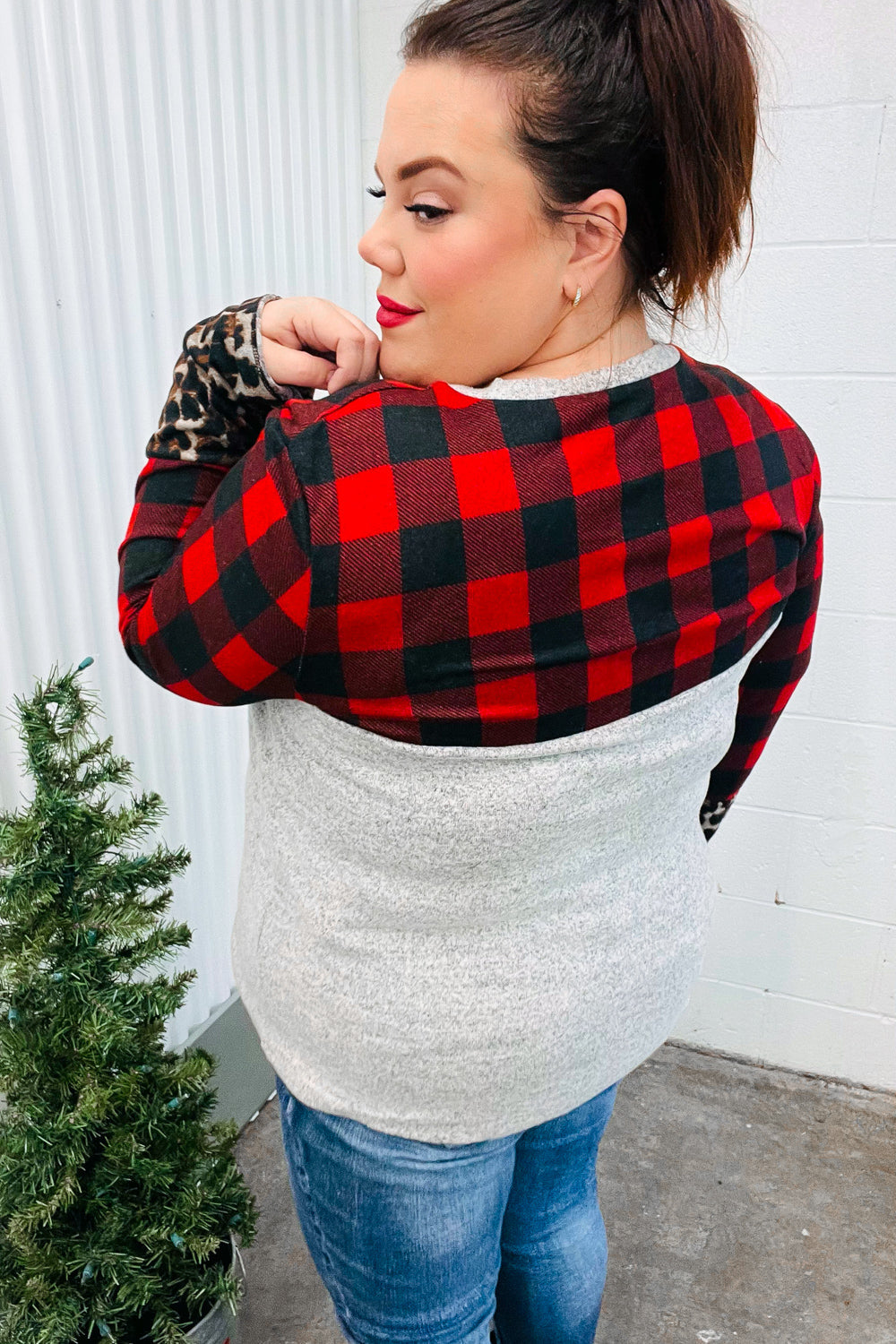 Stylish Grey & Red Plaid Animal Print Women's Top with Pockets - Perfect for Casual Outings, Date Nights, and Office Wear