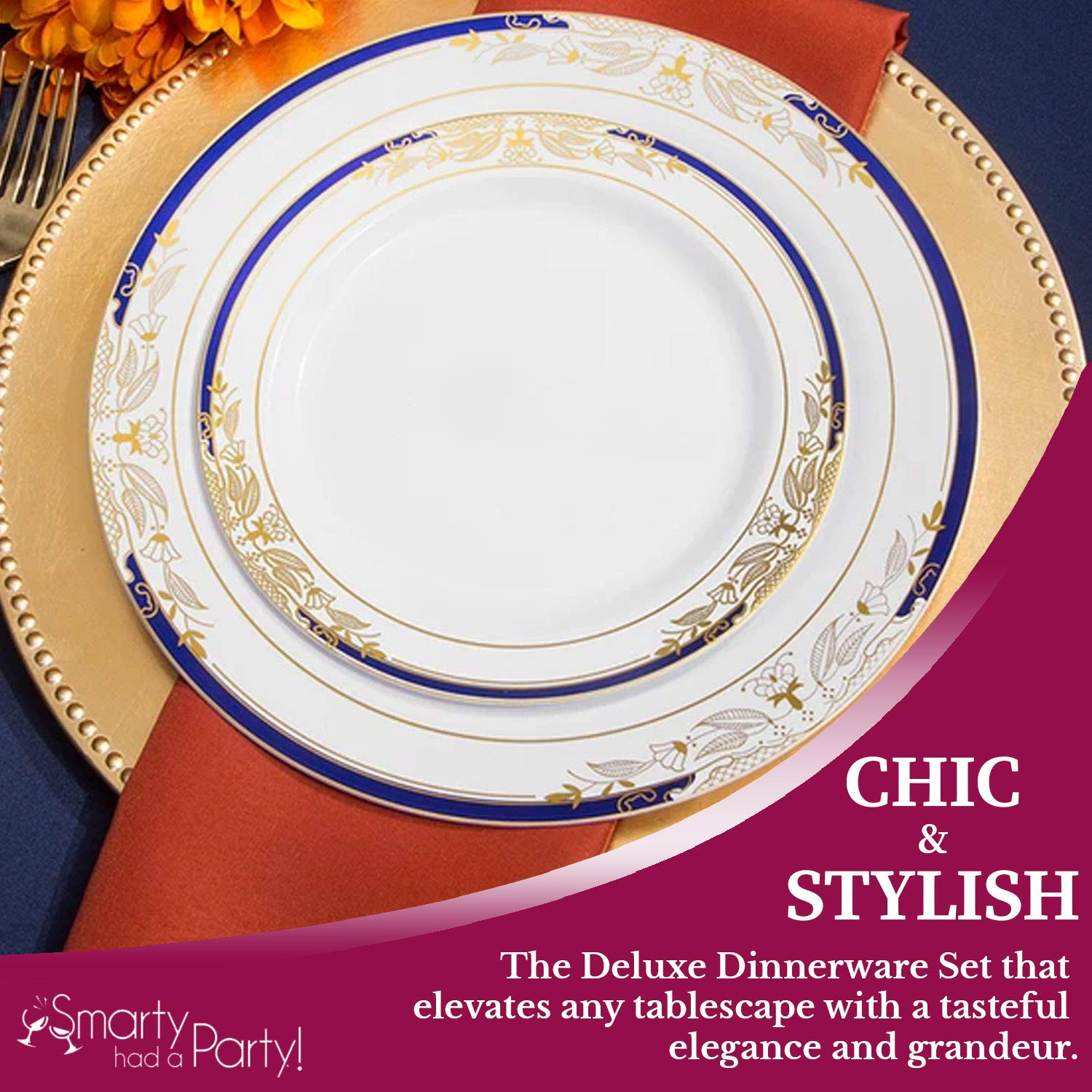 Premium Disposable Plastic Dinnerware Sets - Heavy Duty Elegant Plates, Forks, Knives & Spoons - Wedding, Birthday Party, Anniversary & Special Events - White with Blue & Gold Trim - 60-Piece Value Pack for Large Gatherings & Catering Events