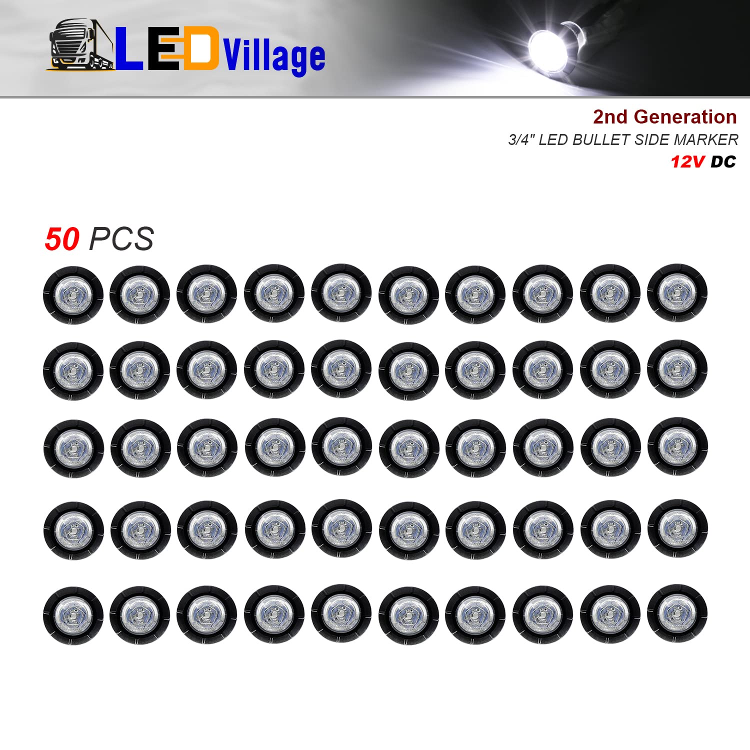 50 Pcs 2nd Generation 3/4 Inch White LED Clearance Lights - Waterproof Bullet Marker Lights for Trucks, Boats, SUVs, ATVs, Bikes & Trailers - Perfect for Marine, Off-Road & RV Lighting Safety