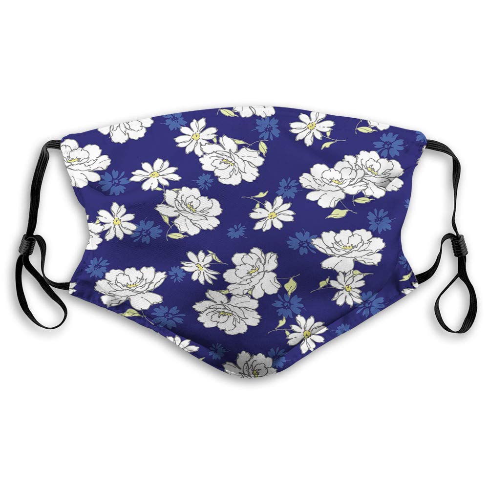Comfortable Printed Face Mask - Navy & White Spring Meadow Floral Design, Windproof Adult Size M for Outdoor Activities & Daily Wear