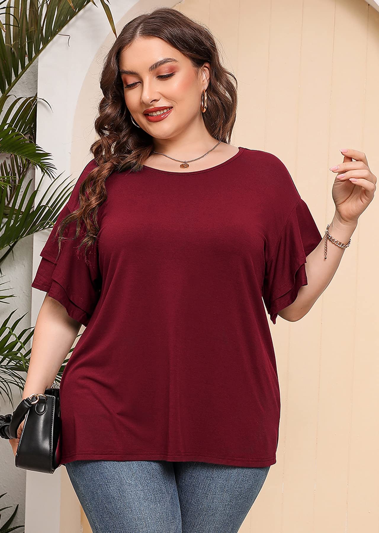 Plus Size Tunic for Women - Double Ruffle Short Sleeve Loose Fit Flowy Shirt | Summer Casual Top for Work, Vacation & Everyday Wear | AusLook Women's Fashion