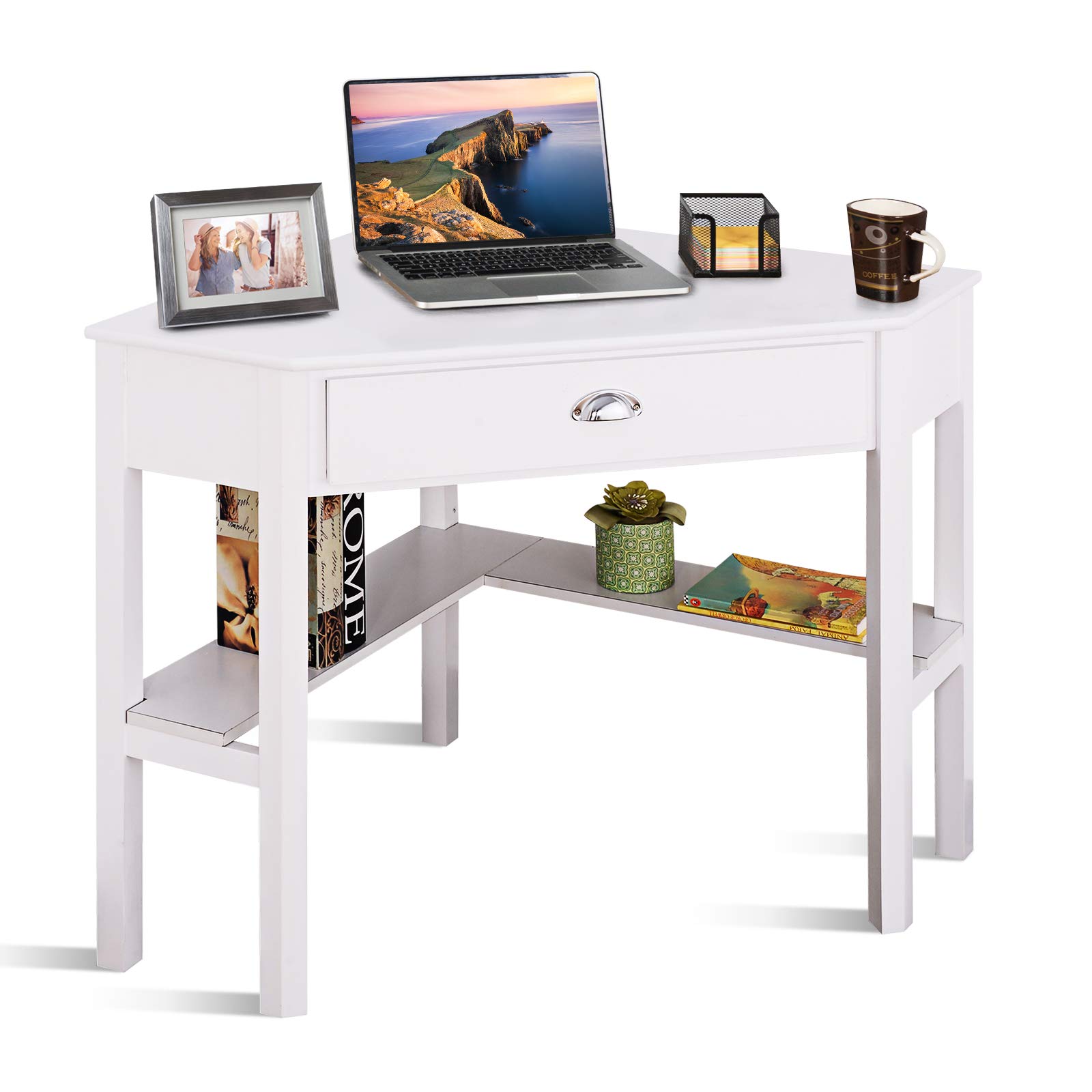 KOTEK White Corner Desk with Drawer & Shelves - Wooden Home Office Computer Desk, Study Writing Table, Makeup Vanity Workstation | Perfect for Small Spaces, Bedroom, Dorm & Office Organization
