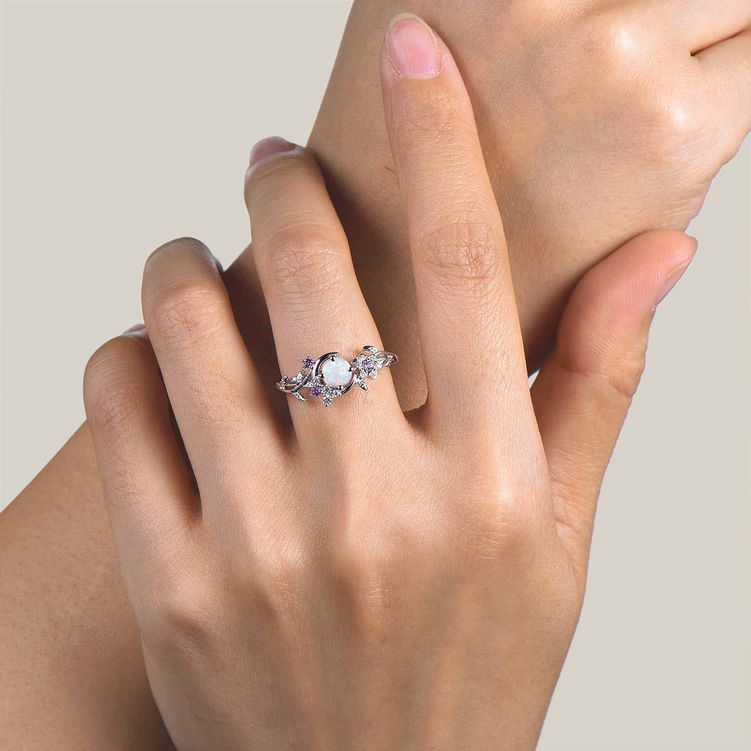 Round Cut Opal Engagement Ring - Crescent Moon Cluster Amethyst Leaf Vine Wedding Band for Women | Perfect for Bridal Jewelry, Anniversary Gifts & Boho Fashion Accessories