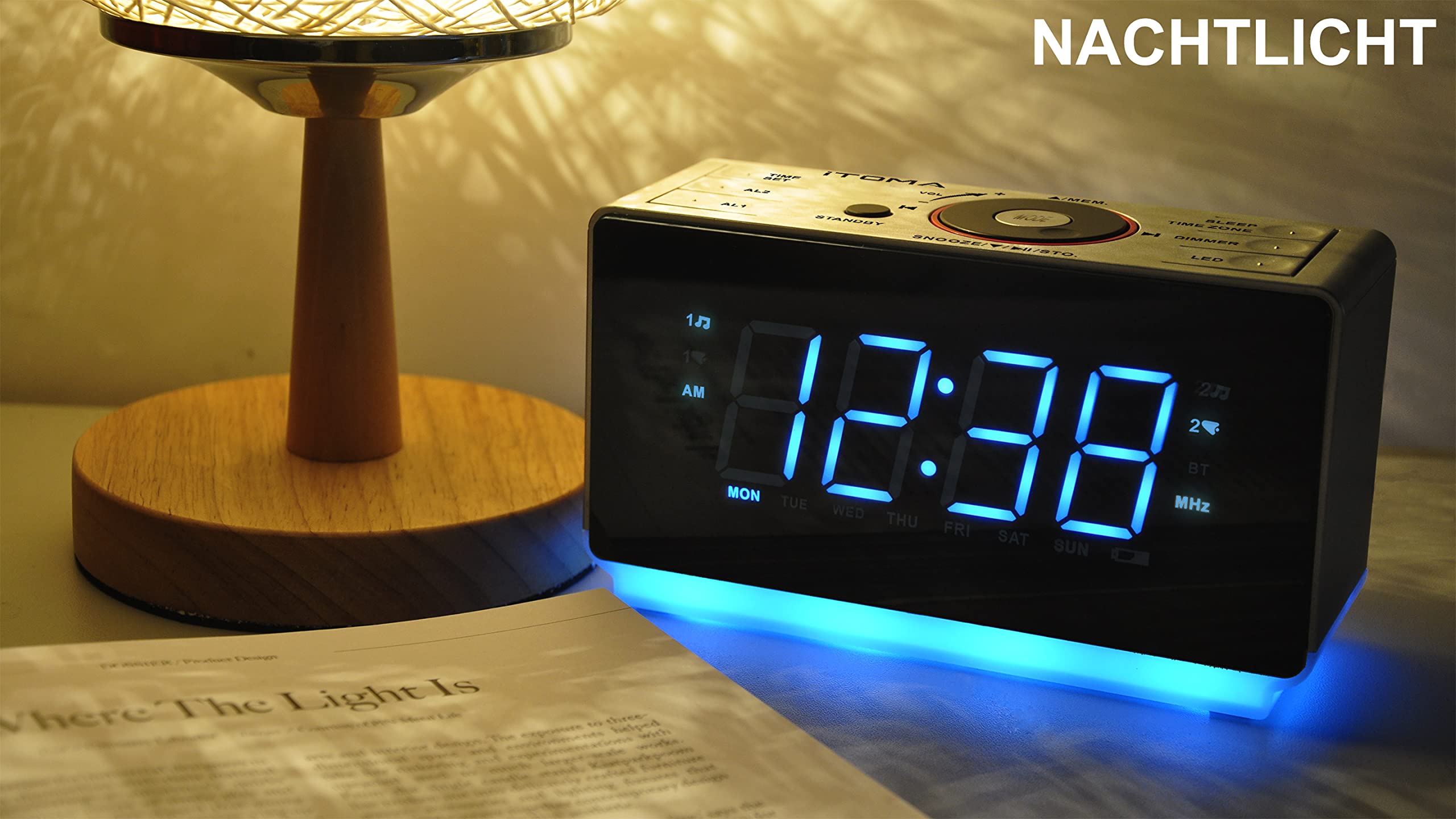 iTOMA CKS708 Bluetooth Alarm Clock Radio with FM, Dual Alarm & Snooze, Large LED Display, Dimmer Control, USB Charger & Night Light - Perfect for Bedroom, Office, and Travel