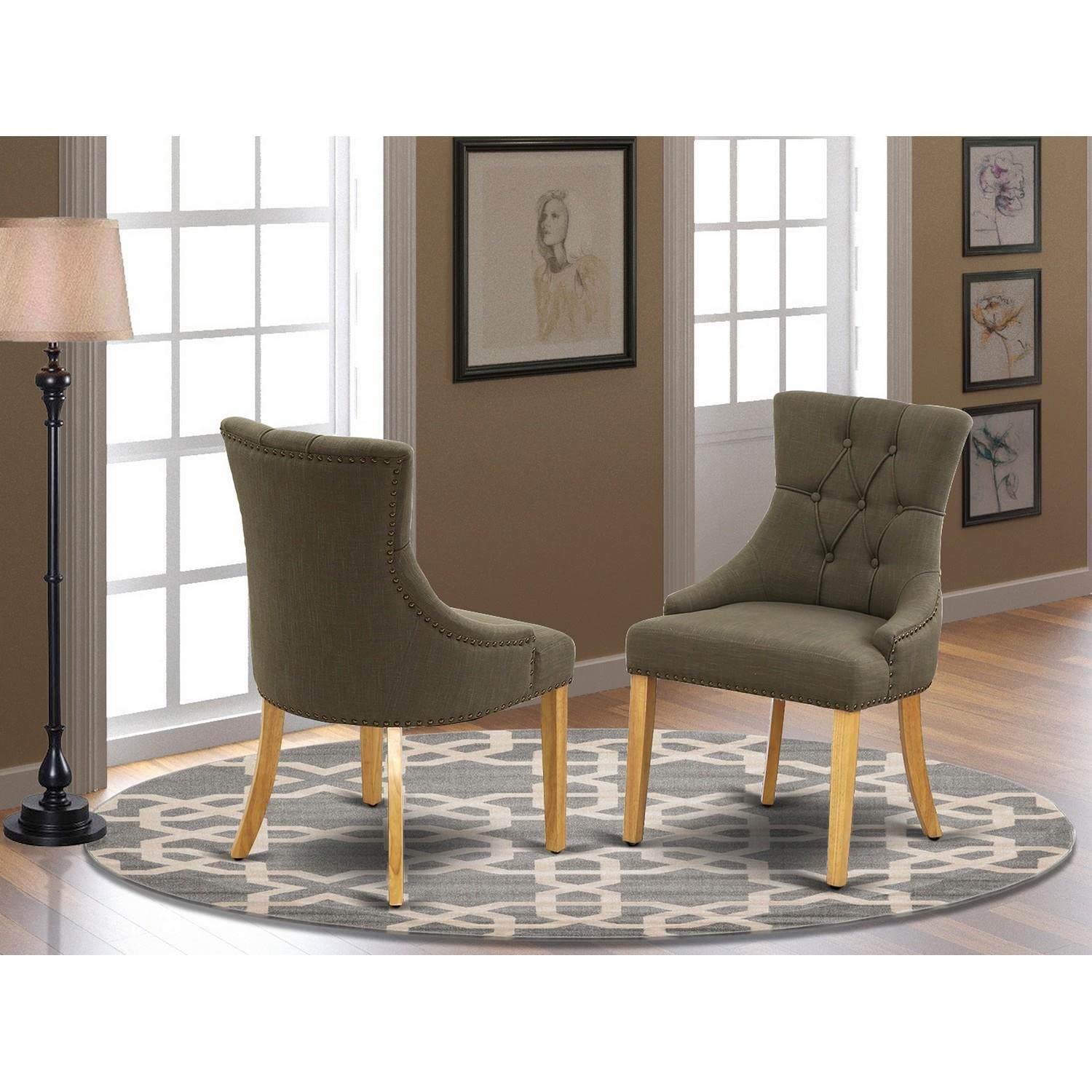 East West Furniture FRP4T20 Friona Parson Dining Room Chairs Set of 2 - Dark Gotham Linen Upholstered, Button Tufted with Nailhead Trim, Solid Oak Frame - Perfect for Formal Dining Rooms, Kitchen Tables & Elegant Home Decor