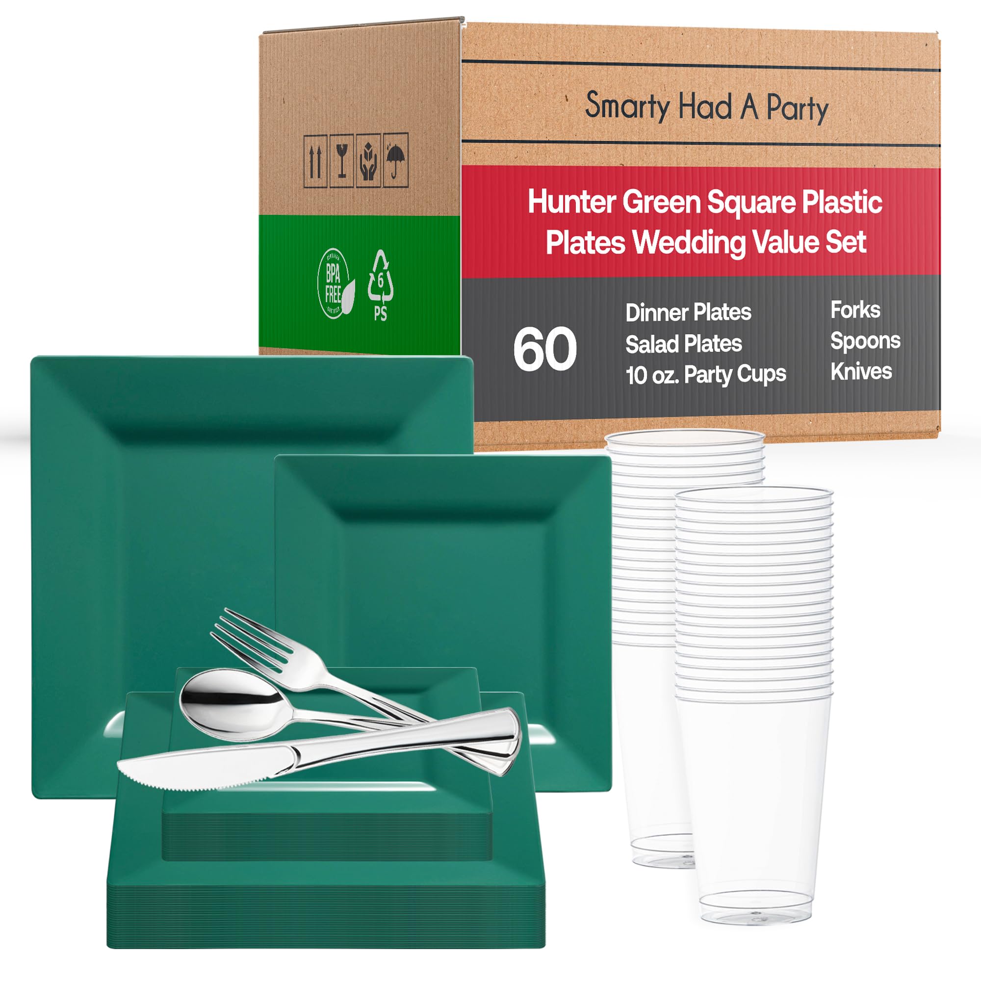 Elegant Disposable Plastic Dinnerware Set - Heavy Duty Plastic Plates for Parties & Events (Hunter Green, Wedding Value Pack for 60 Guests) - Perfect for Weddings, Banquets, Picnics & Outdoor Gatherings