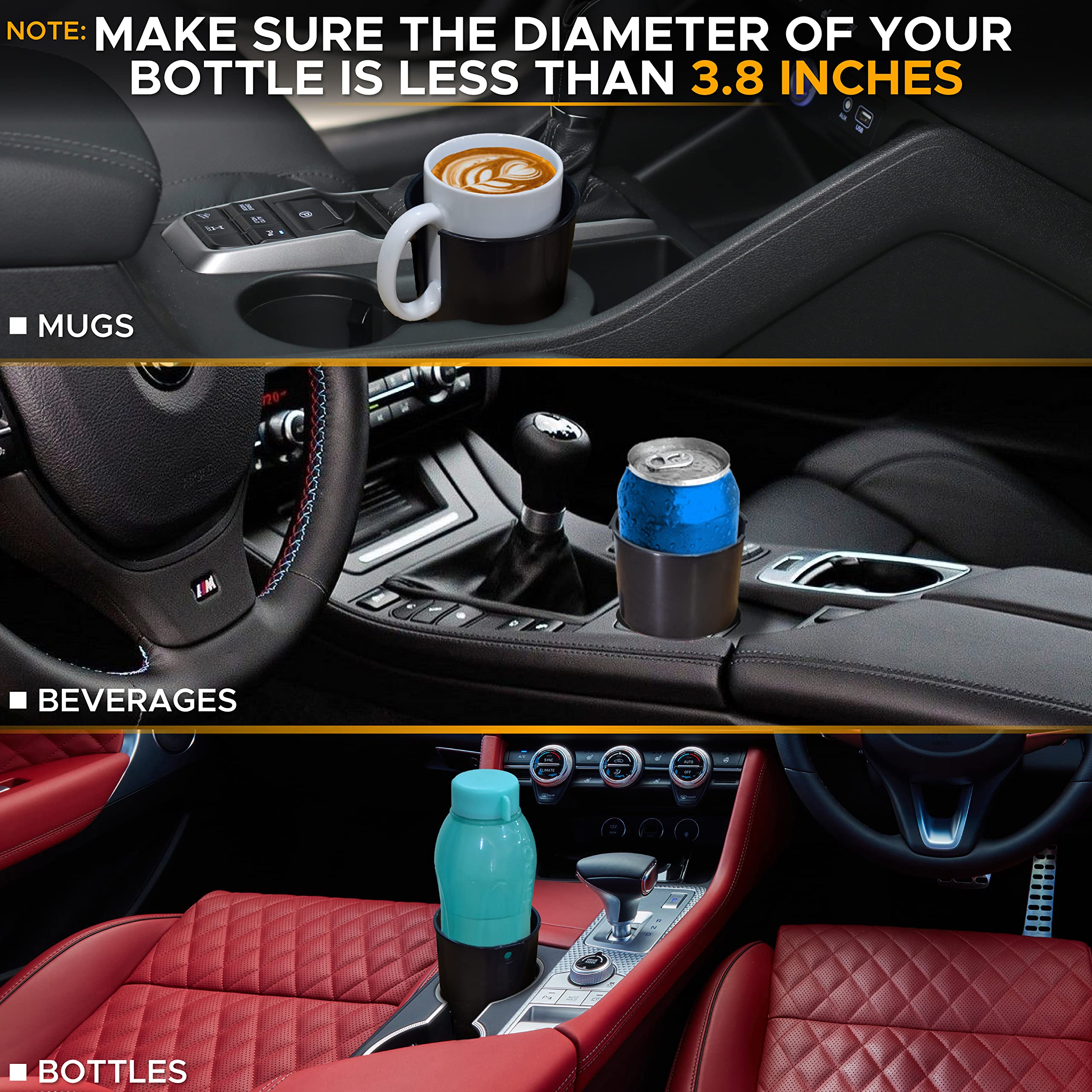 EcoNour Car Cup Holder Expander & Coaster Set (2 Pack) with Push Start Button - Stable Automotive Accessory for Travel, Commuting & Road Trips