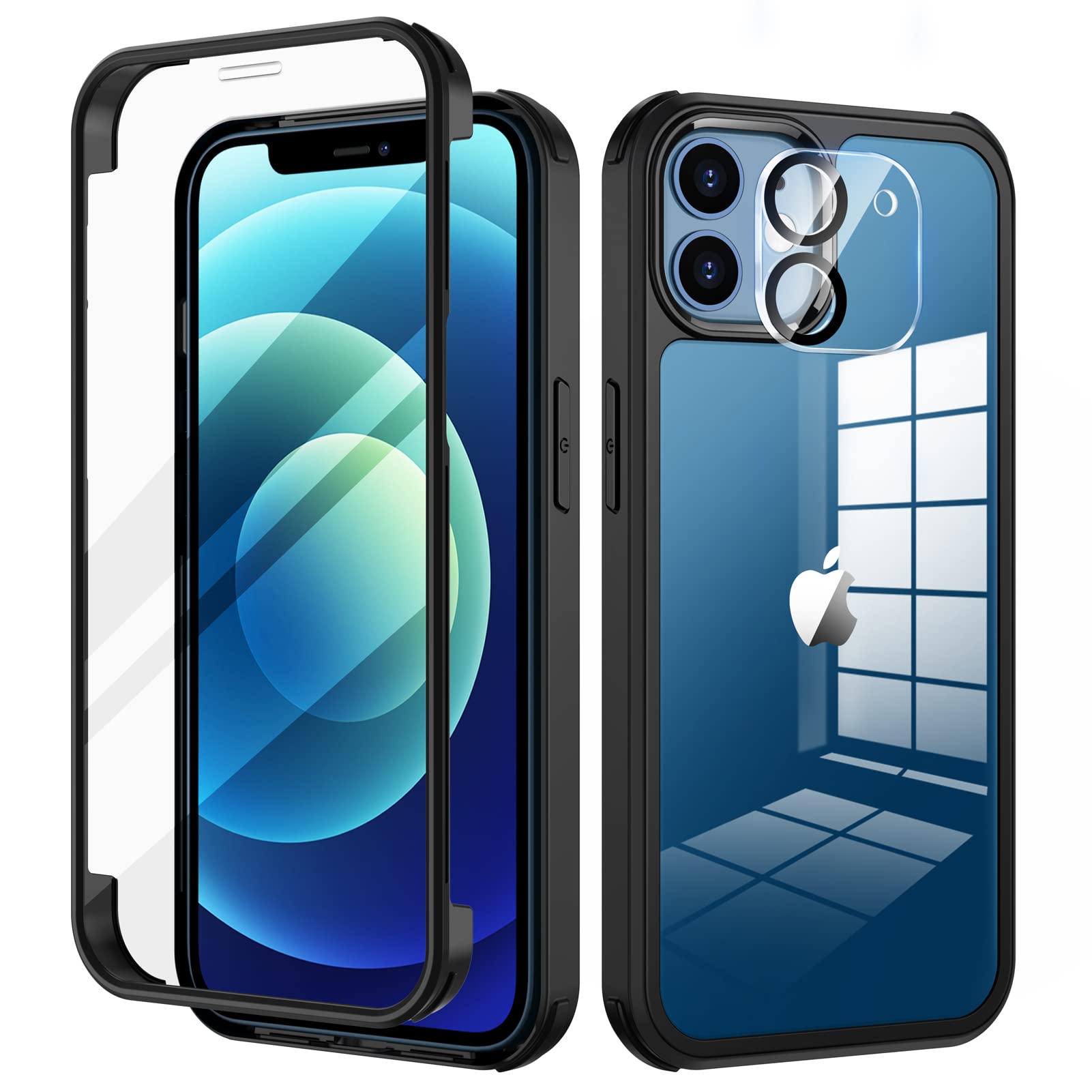 Seacosmo iPhone 12 Case with 9H Tempered Glass Screen Protector & Camera Lens Cover - Shockproof Slim Full Body Protection for iPhone 12 (6.1 Inch) - Perfect for Outdoor Activities, Travel & Daily Use