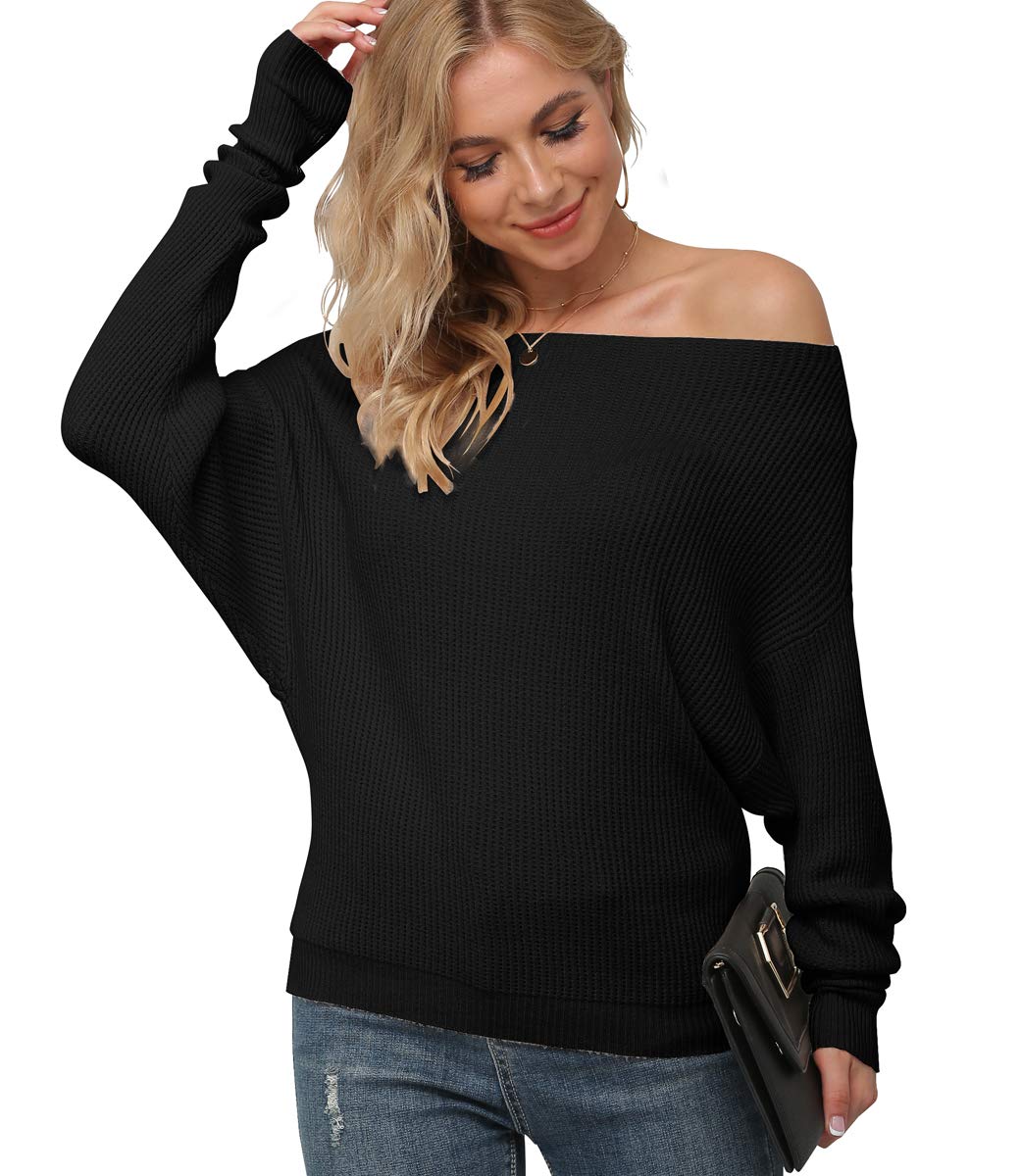 IWOLLENCE Women's Off Shoulder Waffle Knit Sweater - Long Sleeve Loose Batwing Pullover Casual Blouse for Fall & Winter | Perfect for Date Nights, Office Wear and Weekend Outfits