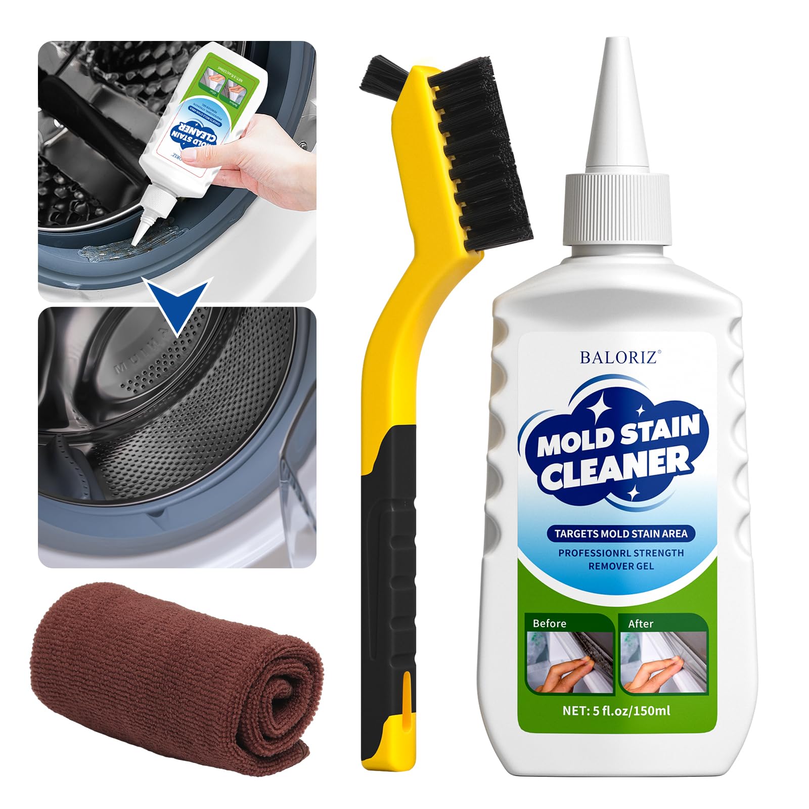 BALORIZ Mold Remover Gel - Powerful Stain Remover for Kitchen Sinks, Bathroom Tiles & Walls - Deep Cleaning Household Gel with Brush & Cleaning Cloth (5 fl.oz/150ml) - Perfect for Removing Tough Stains in Kitchens, Bathrooms & Household Surfaces